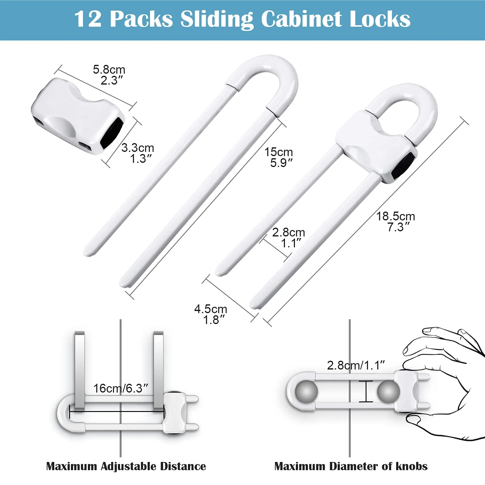 12 Packs Baby Proofing Sliding Cabinet Locks modacraft U-Shaped Child Safety Latches Adjustable White Locks for Handles Knobs Drawers Closet Cupboard