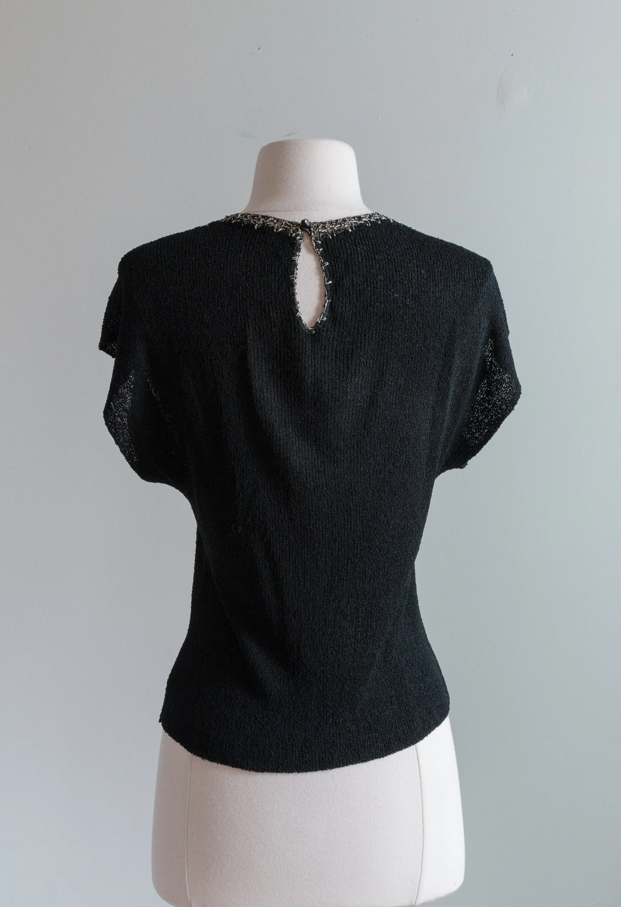 1940's Black Rayon Knit Top With Beaded Neckline / Medium