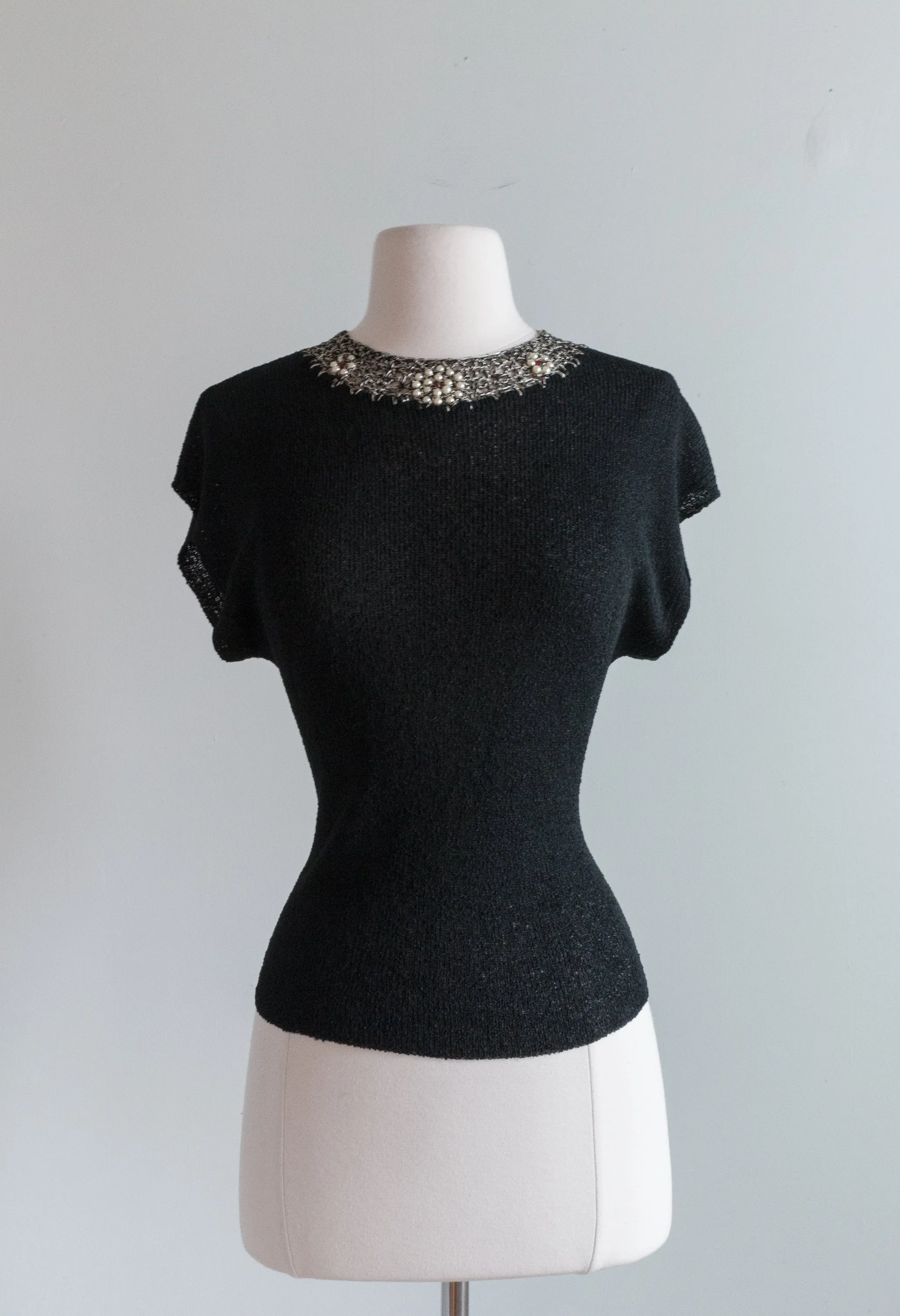 1940's Black Rayon Knit Top With Beaded Neckline / Medium