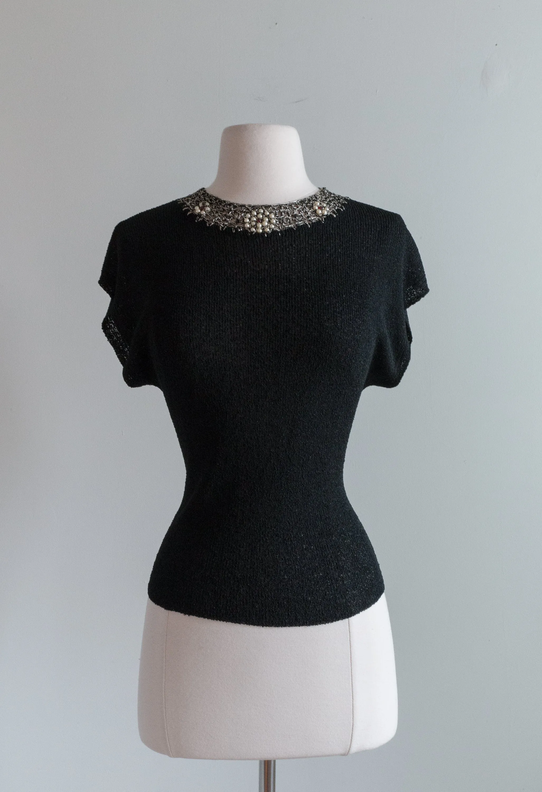 1940's Black Rayon Knit Top With Beaded Neckline / Medium