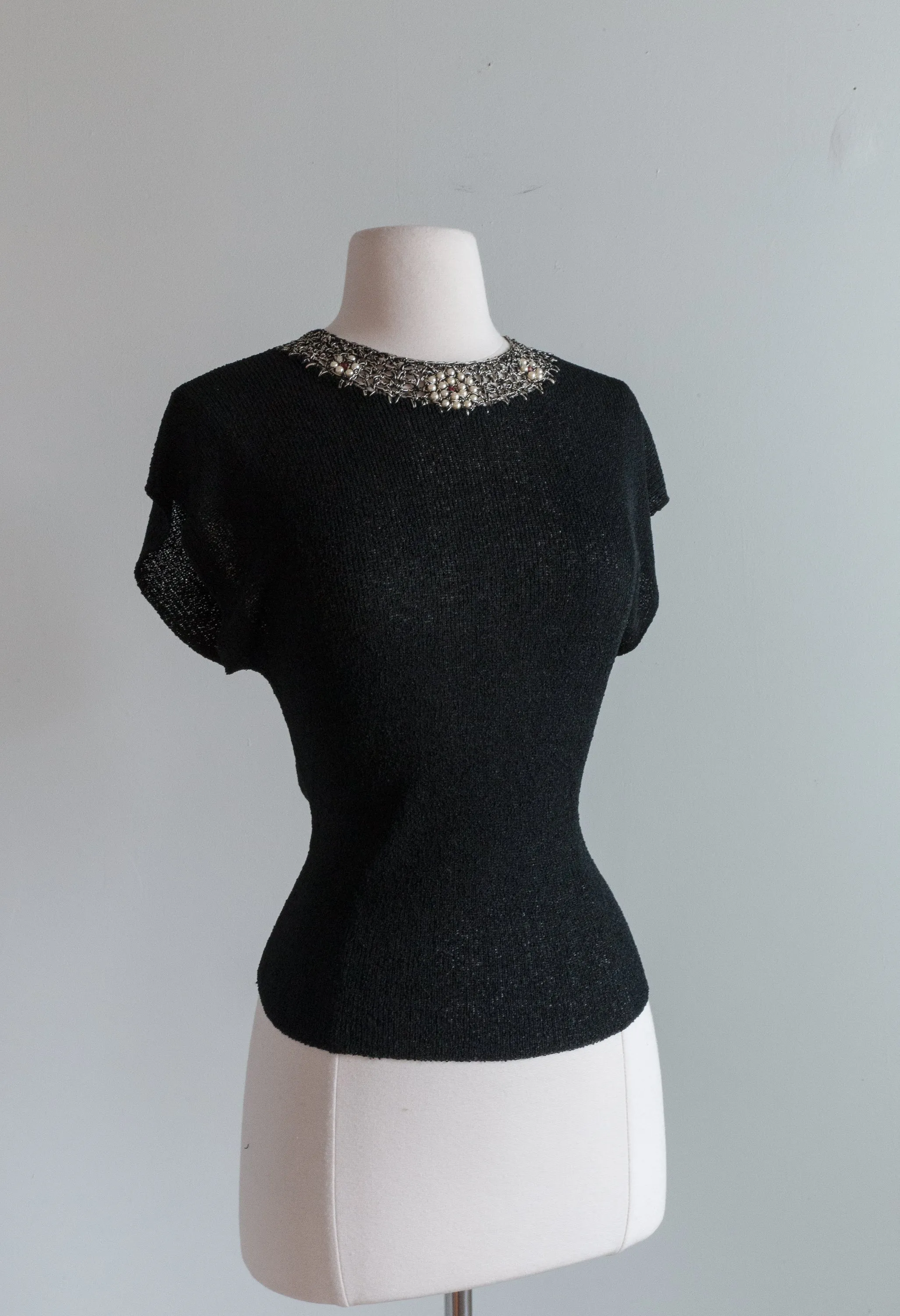 1940's Black Rayon Knit Top With Beaded Neckline / Medium