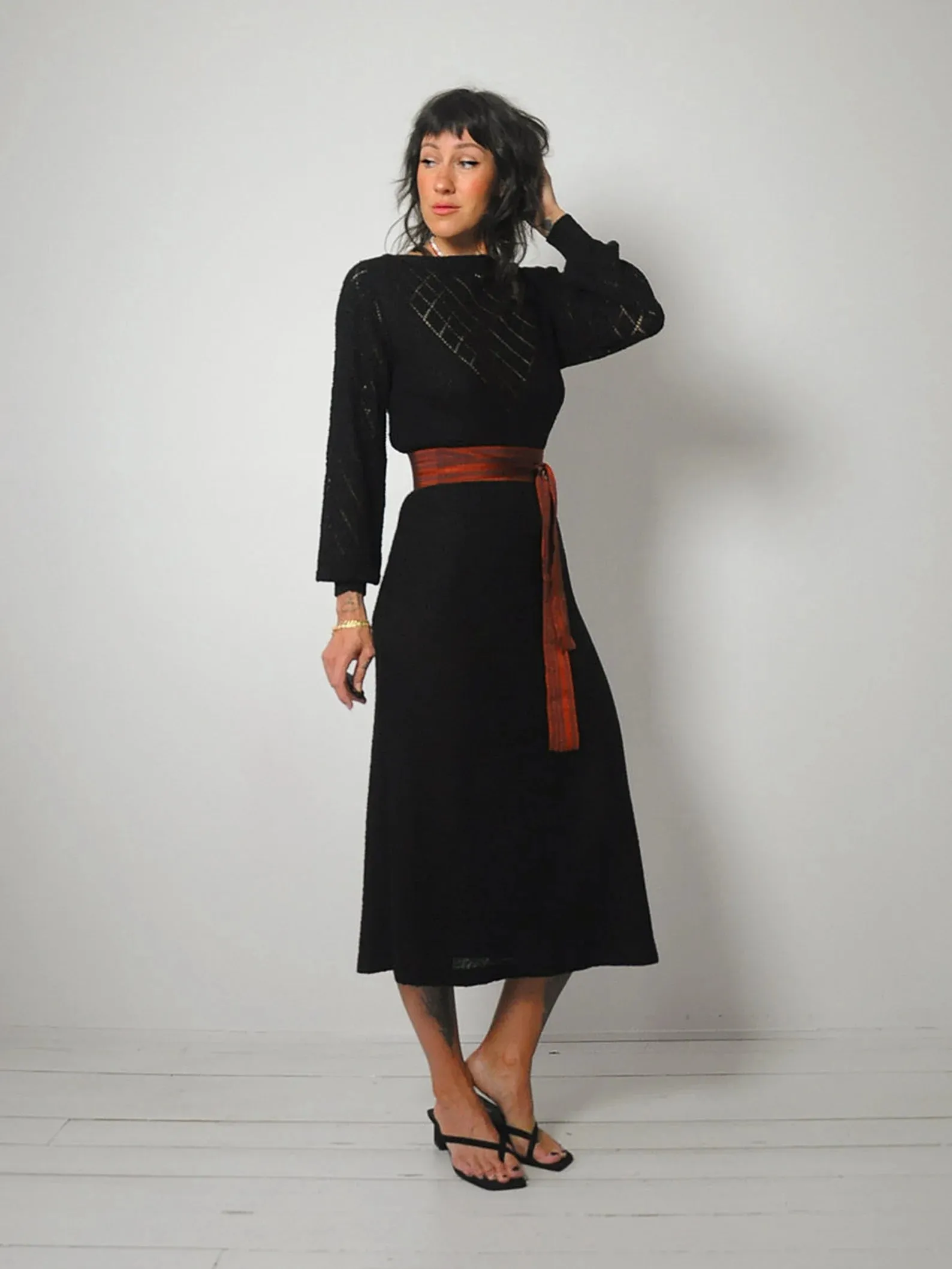 1970's Onyx Pointelle Knit Dress