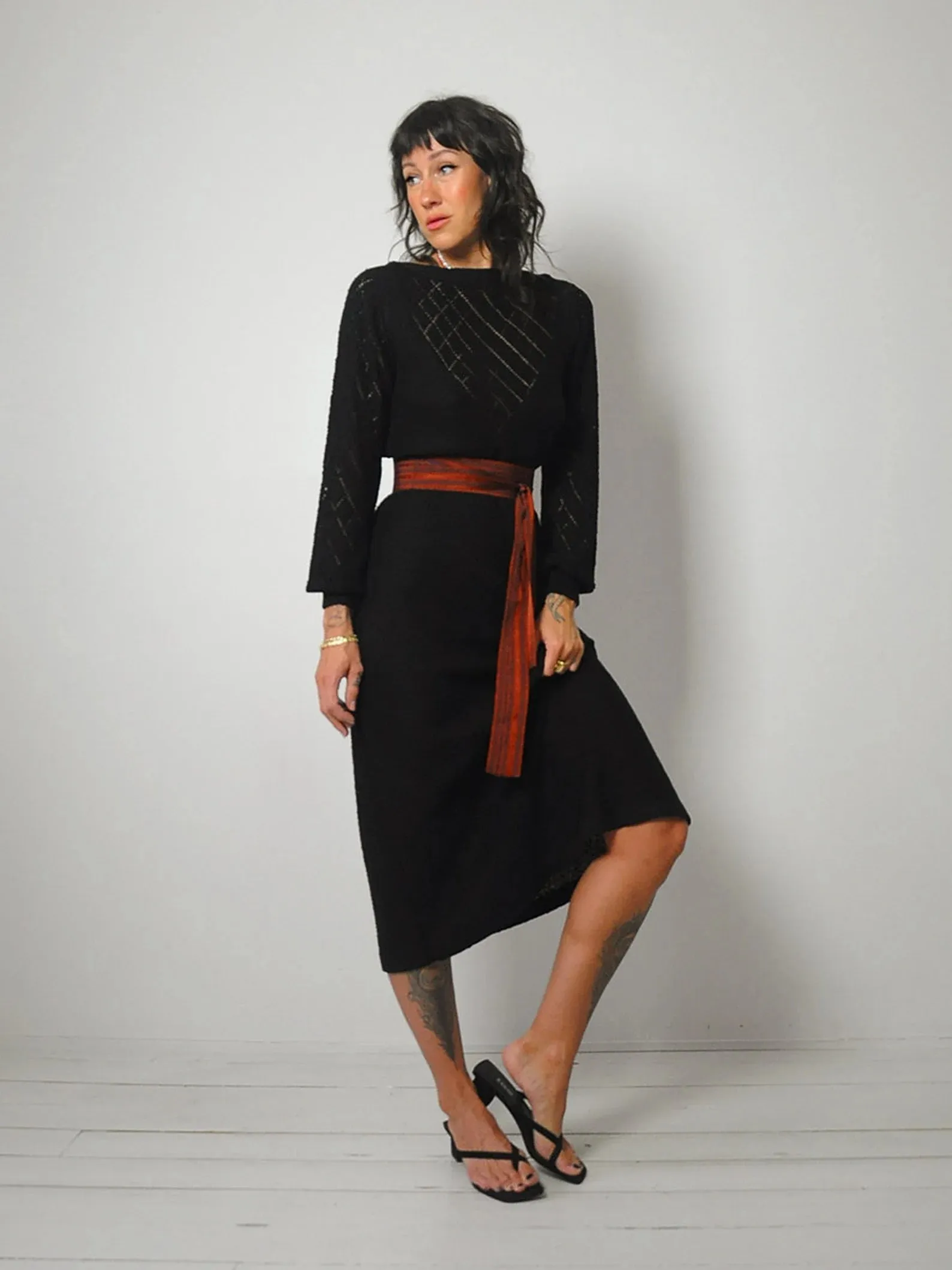 1970's Onyx Pointelle Knit Dress