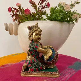 8 Inches Baby Krishna Brass Idol With Stonework - Makhan Chor Vasudev Murti