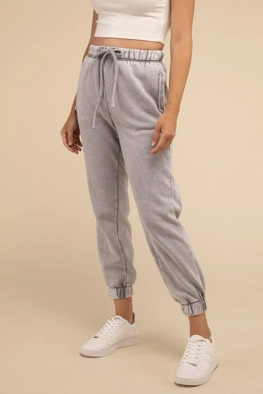 Acid Wash Fleece Sweatpants With Pockets