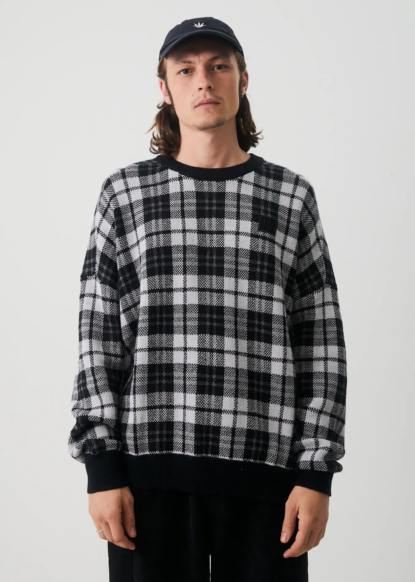 AFENDS Mens Asta - Check Knit Crew Neck Jumper - Steel