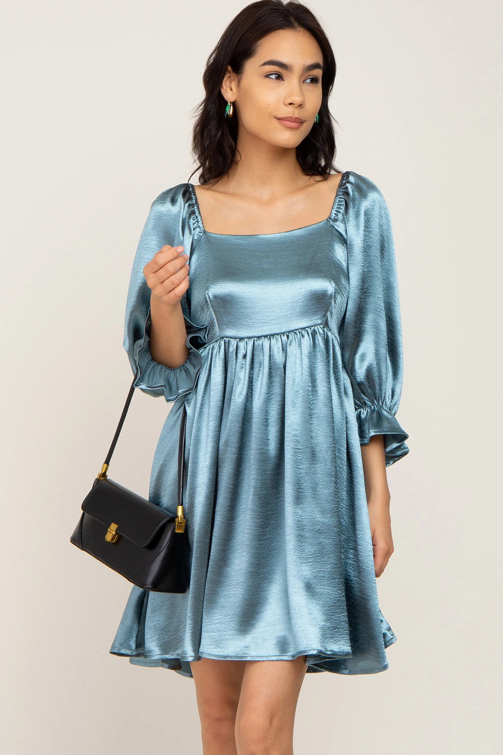 Aqua Satin Square Neck Babydoll Maternity Mini Dress