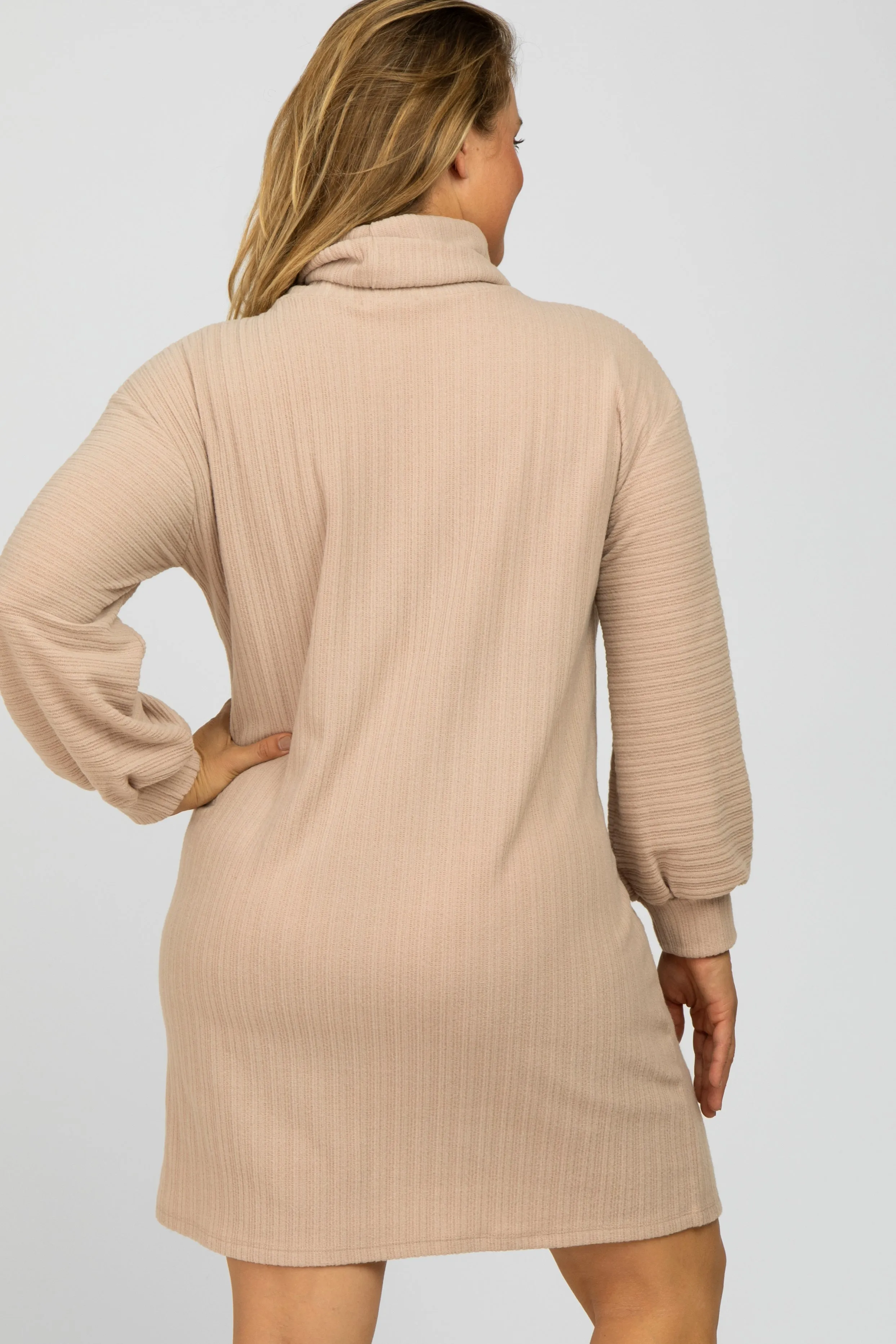 Beige Brushed Rib Turtleneck Maternity Plus Dress