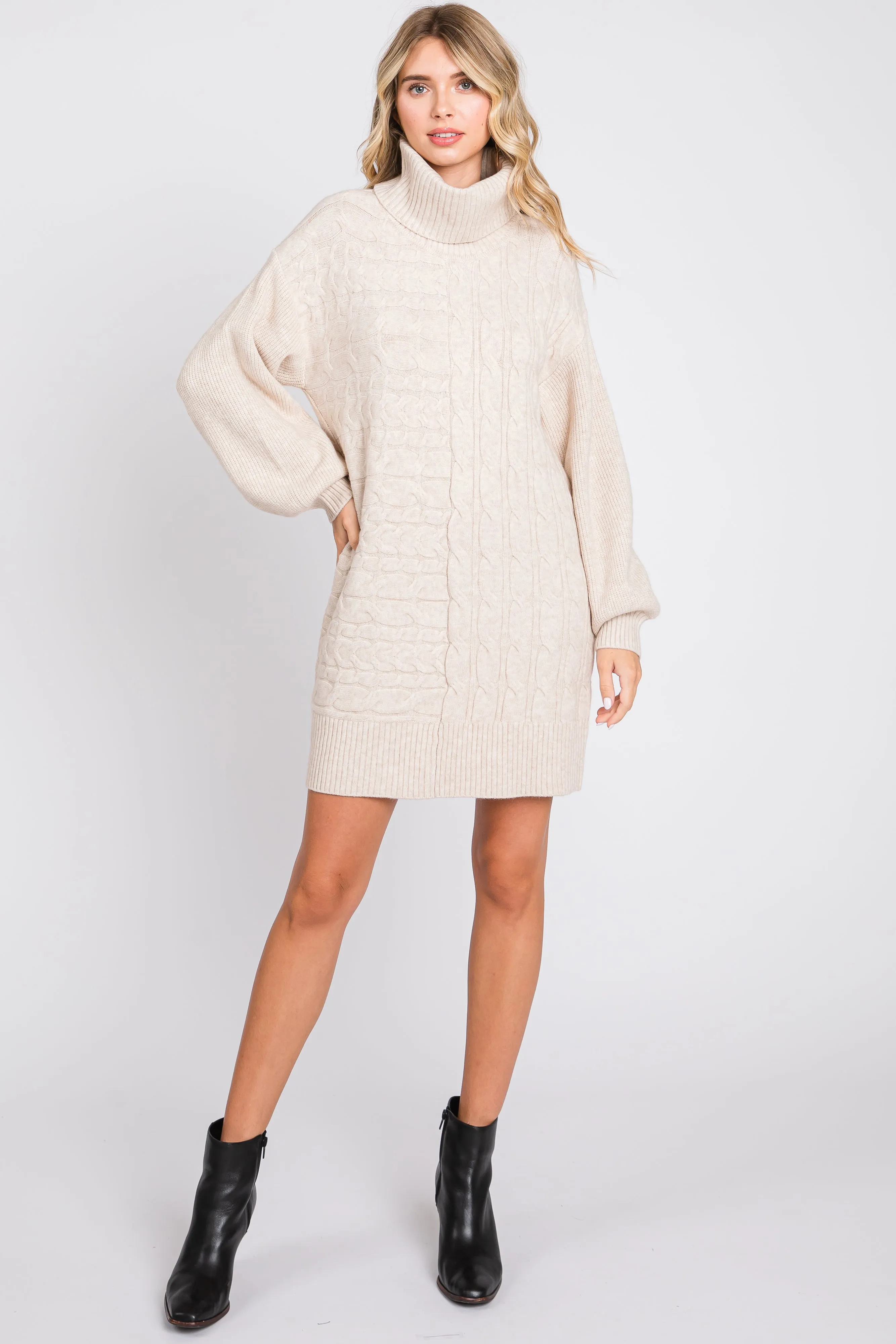 Beige Cable Knit Maternity Mini Sweater Dress