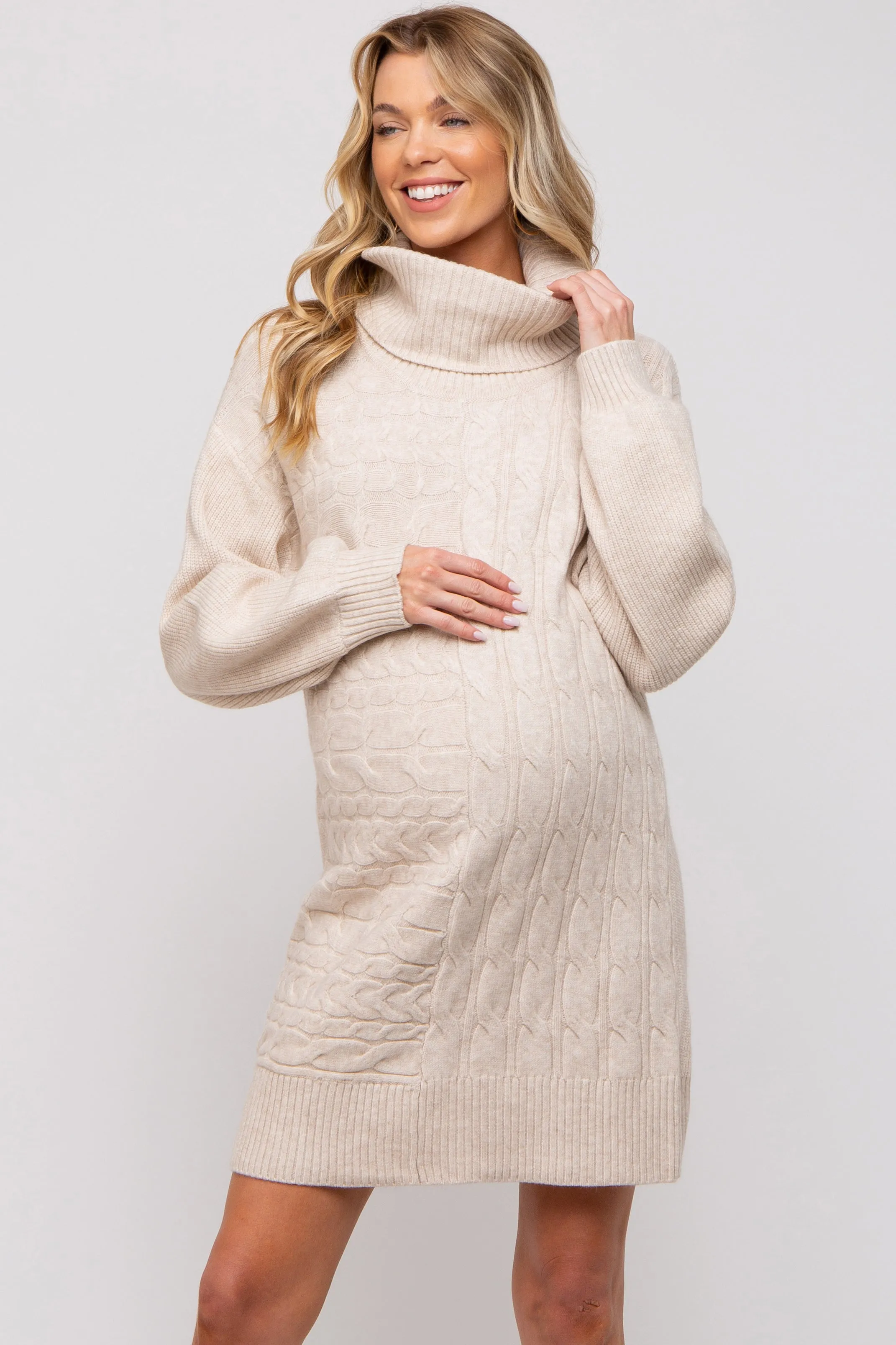 Beige Cable Knit Maternity Mini Sweater Dress