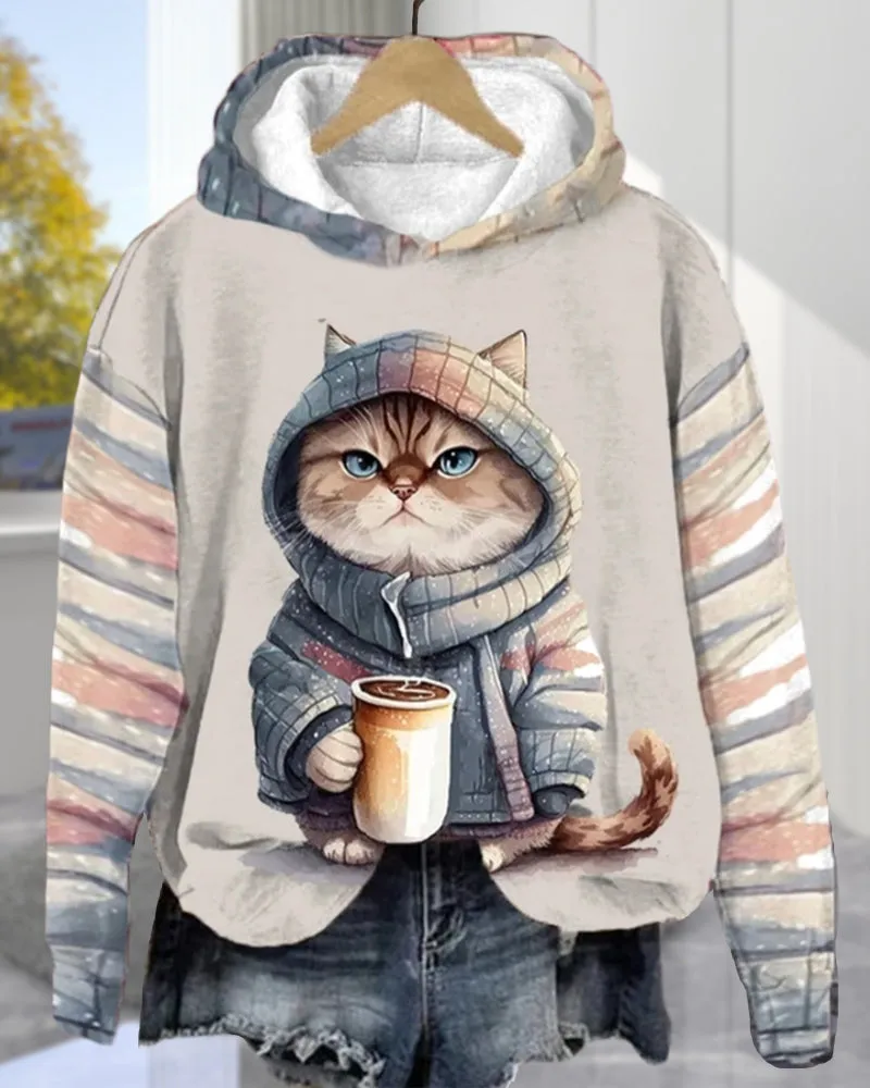 BerryBetty - Cat pattern long-sleeved hoodie