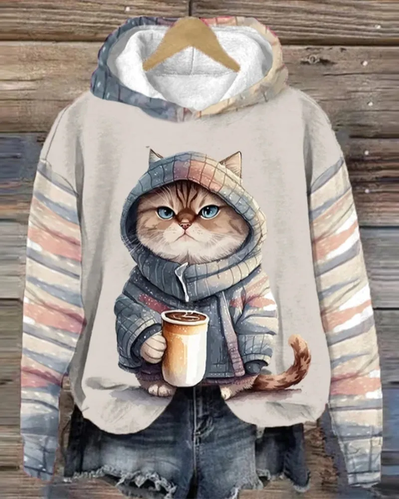 BerryBetty - Cat pattern long-sleeved hoodie