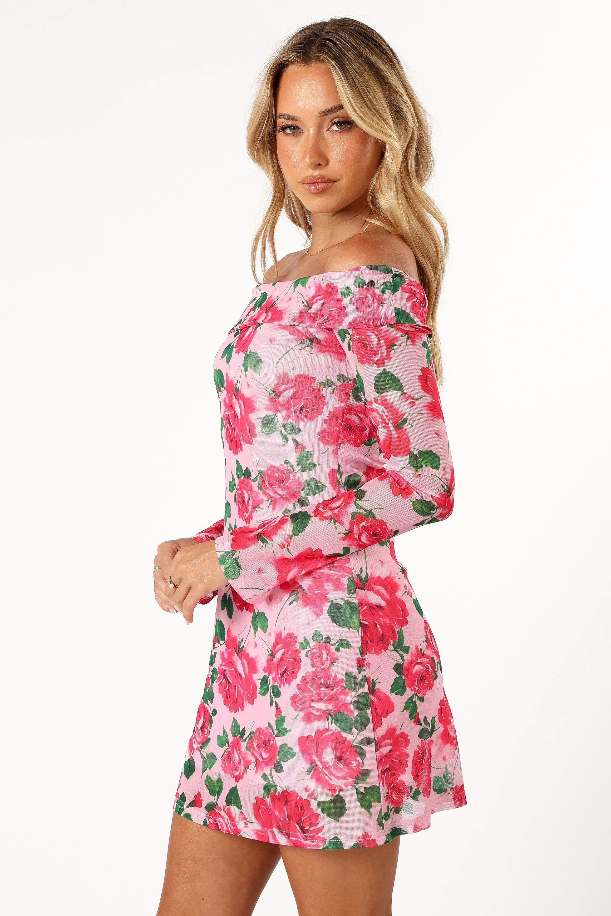 Bisou Off Shoulder Mini Dress - Rose Floral