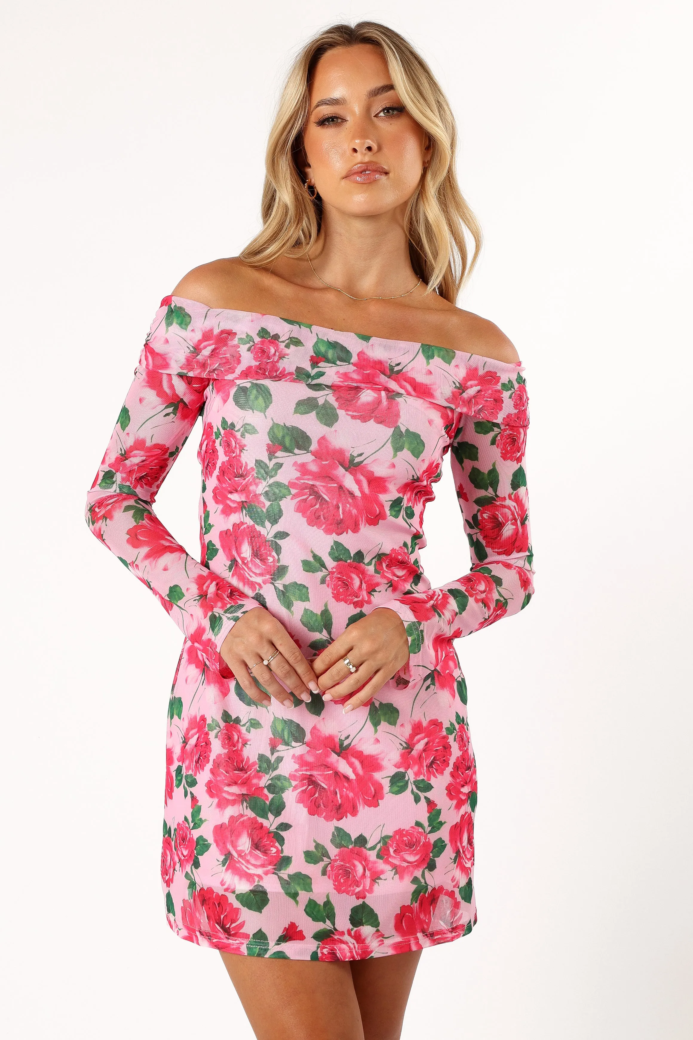 Bisou Off Shoulder Mini Dress - Rose Floral