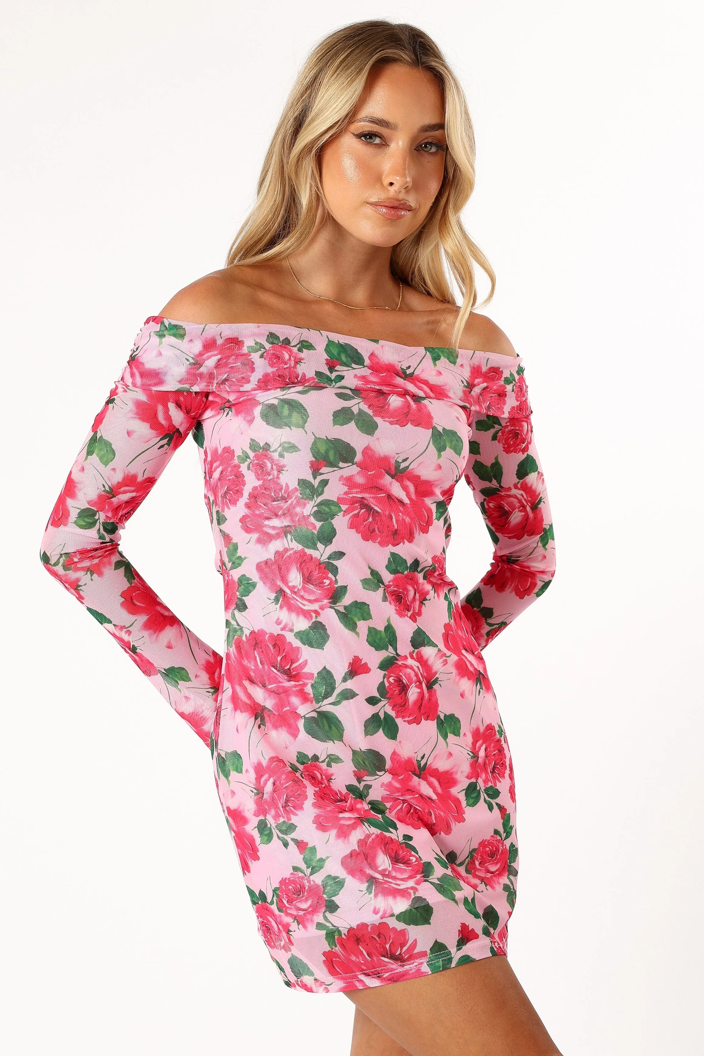 Bisou Off Shoulder Mini Dress - Rose Floral