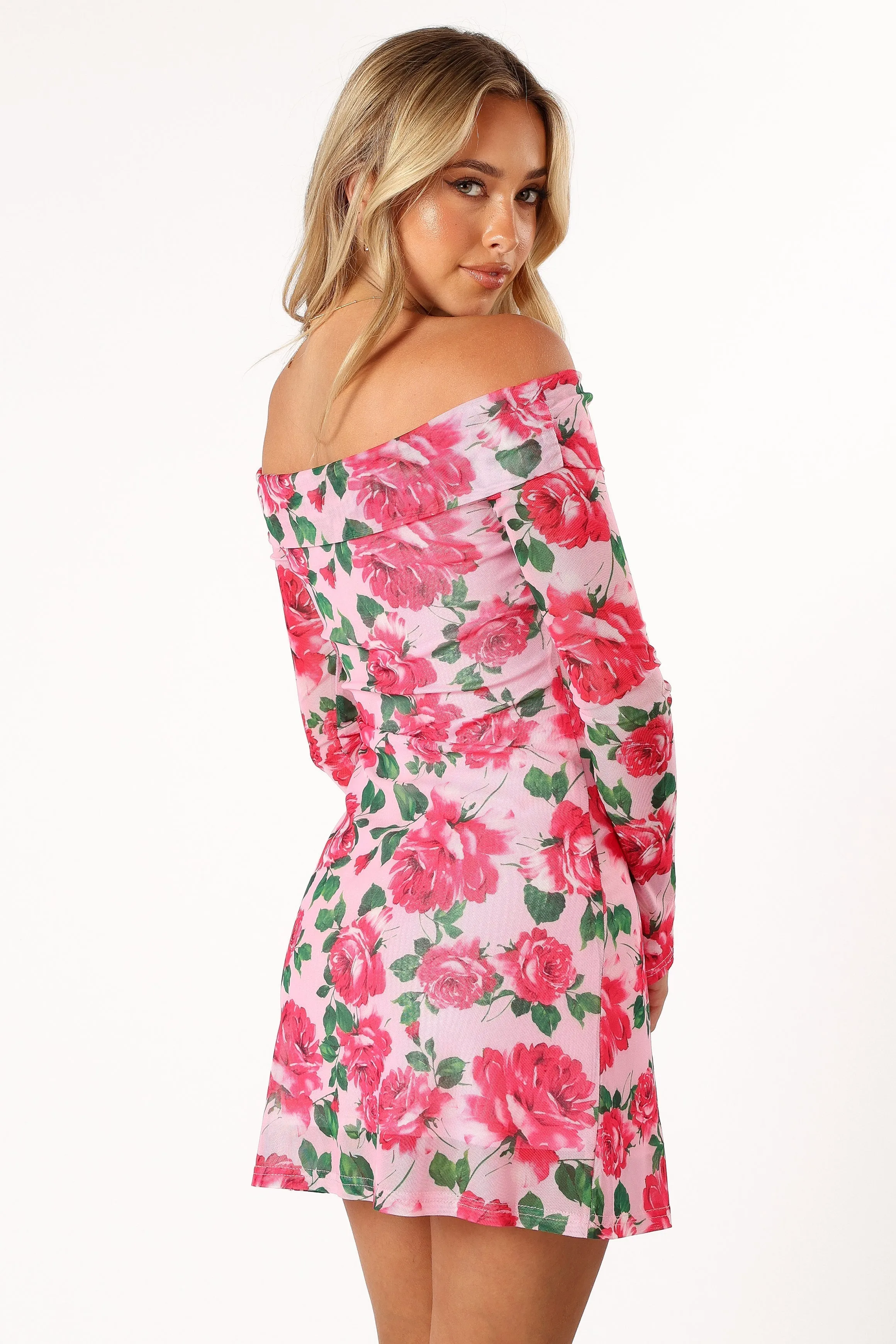 Bisou Off Shoulder Mini Dress - Rose Floral