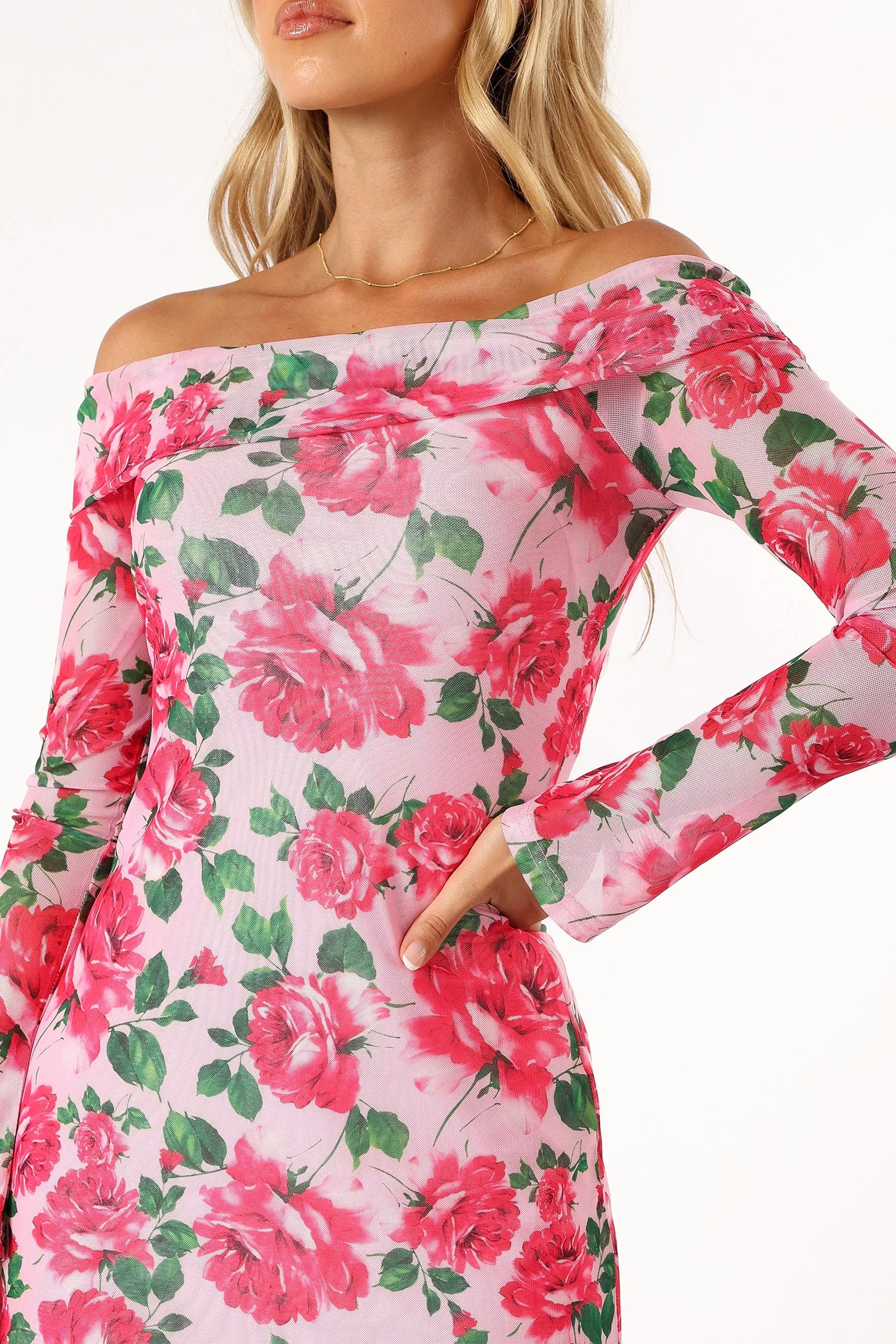 Bisou Off Shoulder Mini Dress - Rose Floral