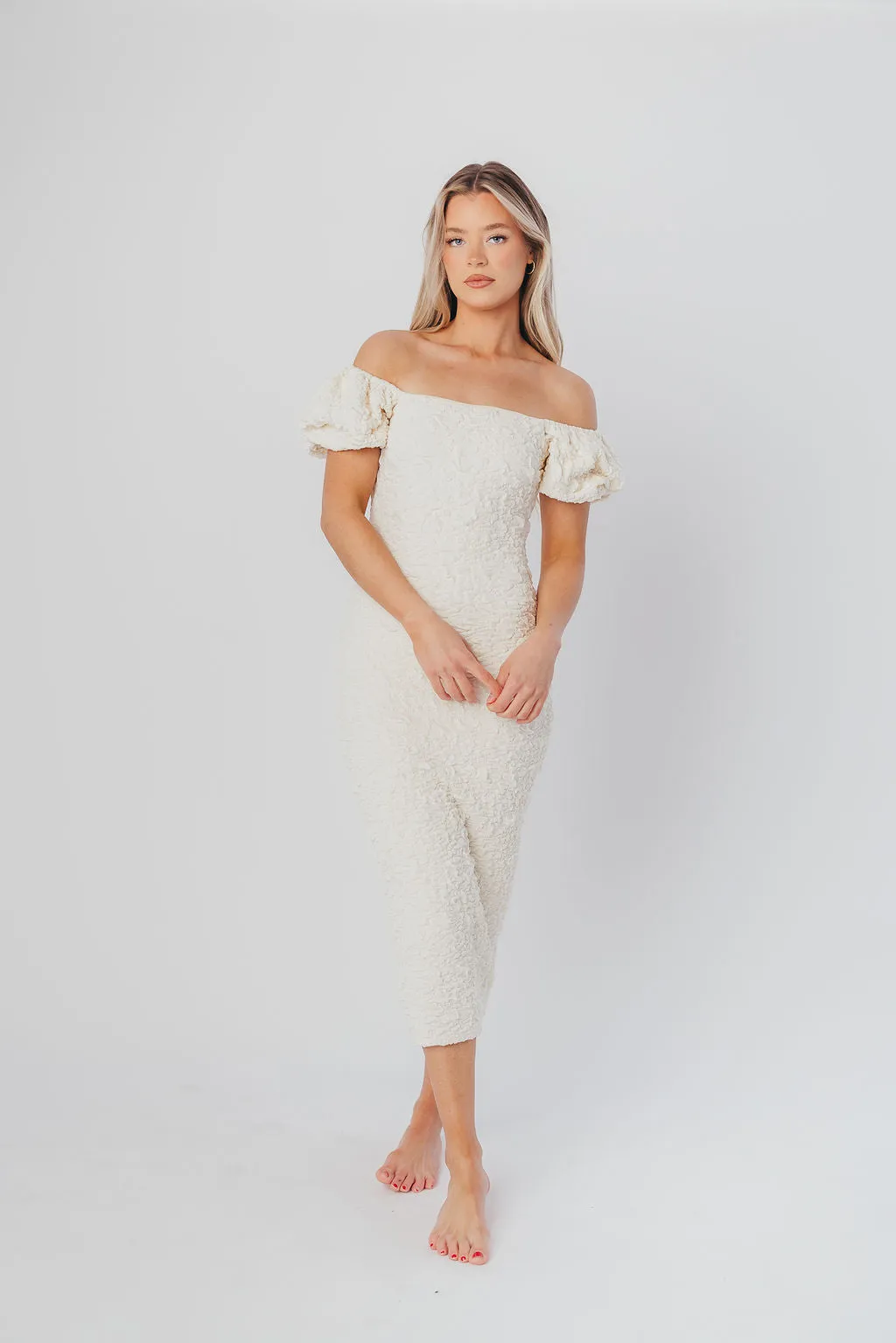 Blakeley Textured Midi Dress in Ivory - Bump Friendly & Inclusive Sizing (S-3XL)