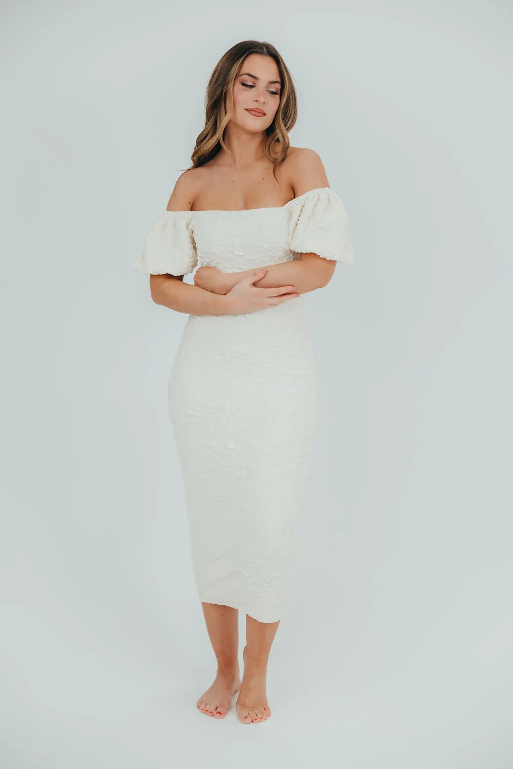 Blakeley Textured Midi Dress in Ivory - Bump Friendly & Inclusive Sizing (S-3XL)