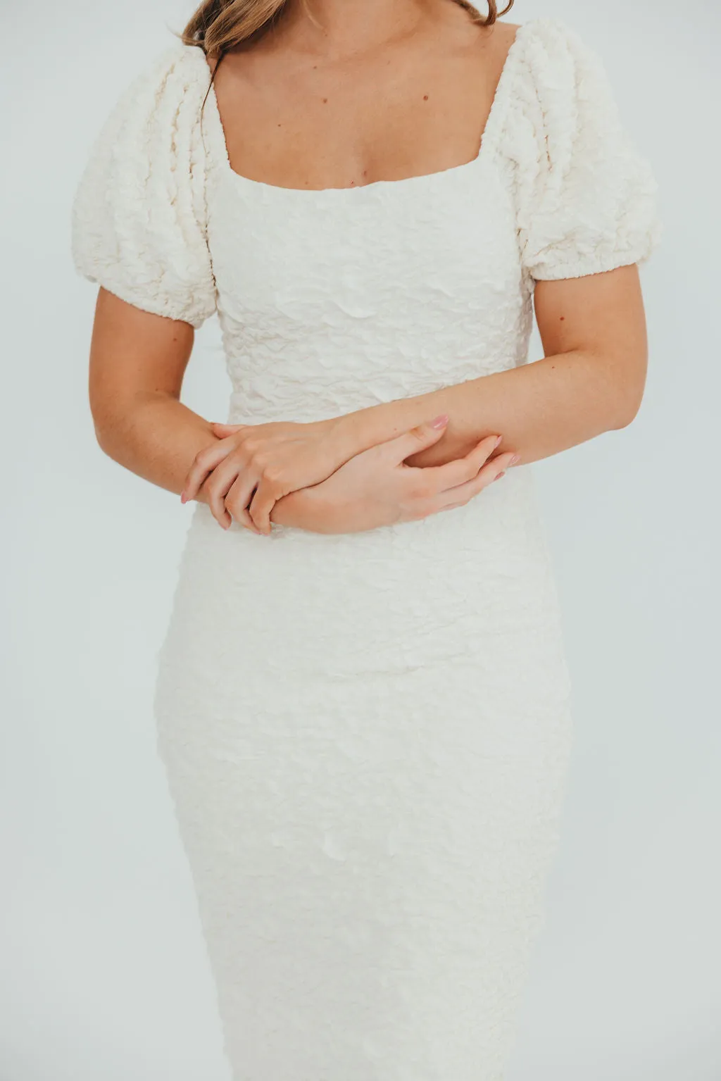 Blakeley Textured Midi Dress in Ivory - Bump Friendly & Inclusive Sizing (S-3XL)