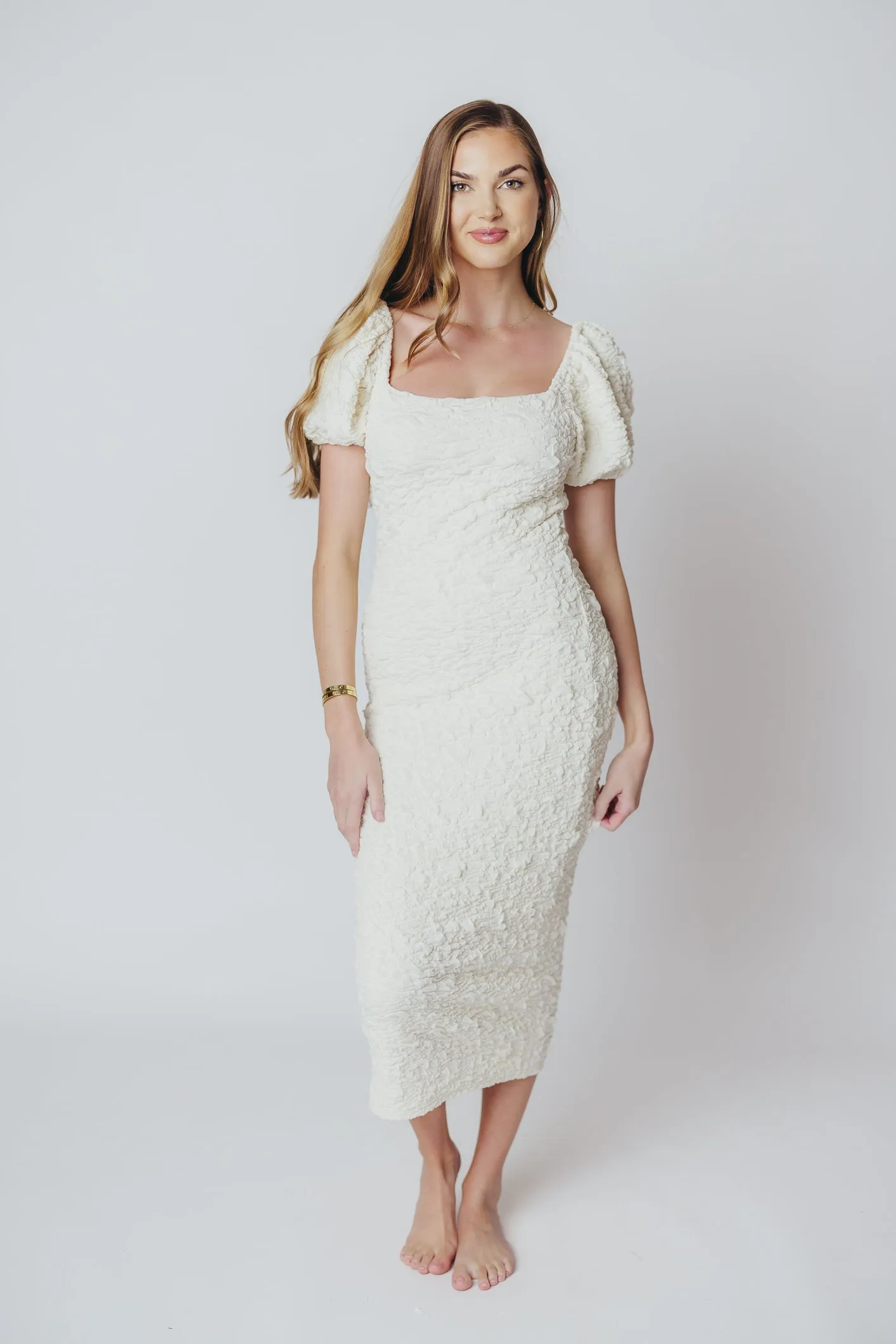 Blakeley Textured Midi Dress in Ivory - Bump Friendly & Inclusive Sizing (S-3XL)