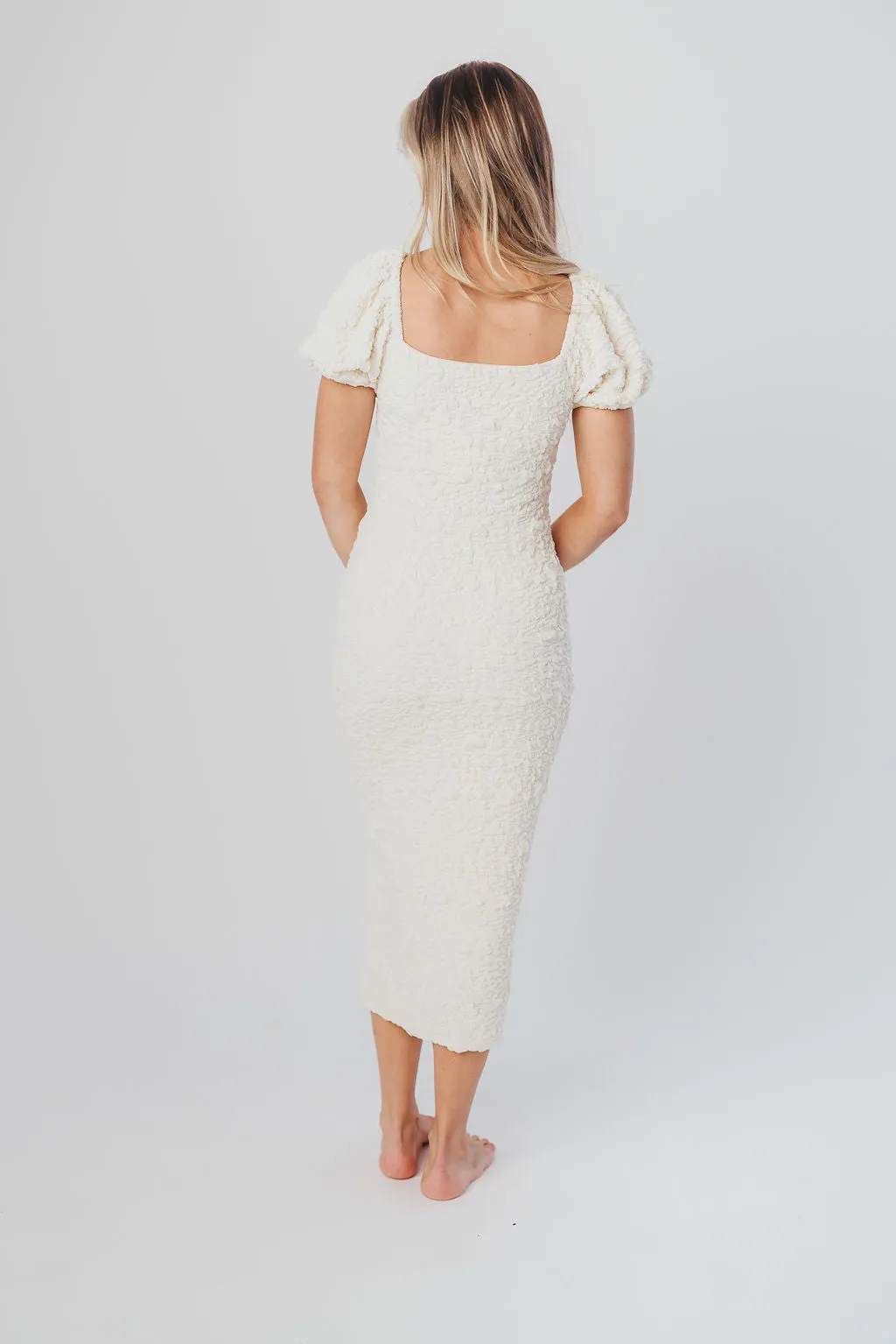 Blakeley Textured Midi Dress in Ivory - Bump Friendly & Inclusive Sizing (S-3XL)