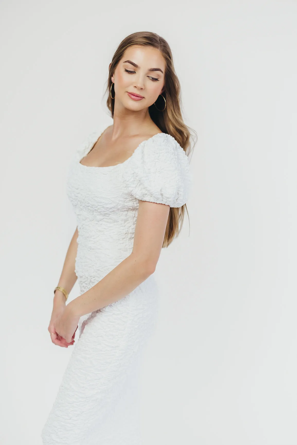 Blakeley Textured Midi Dress in Ivory - Bump Friendly & Inclusive Sizing (S-3XL)