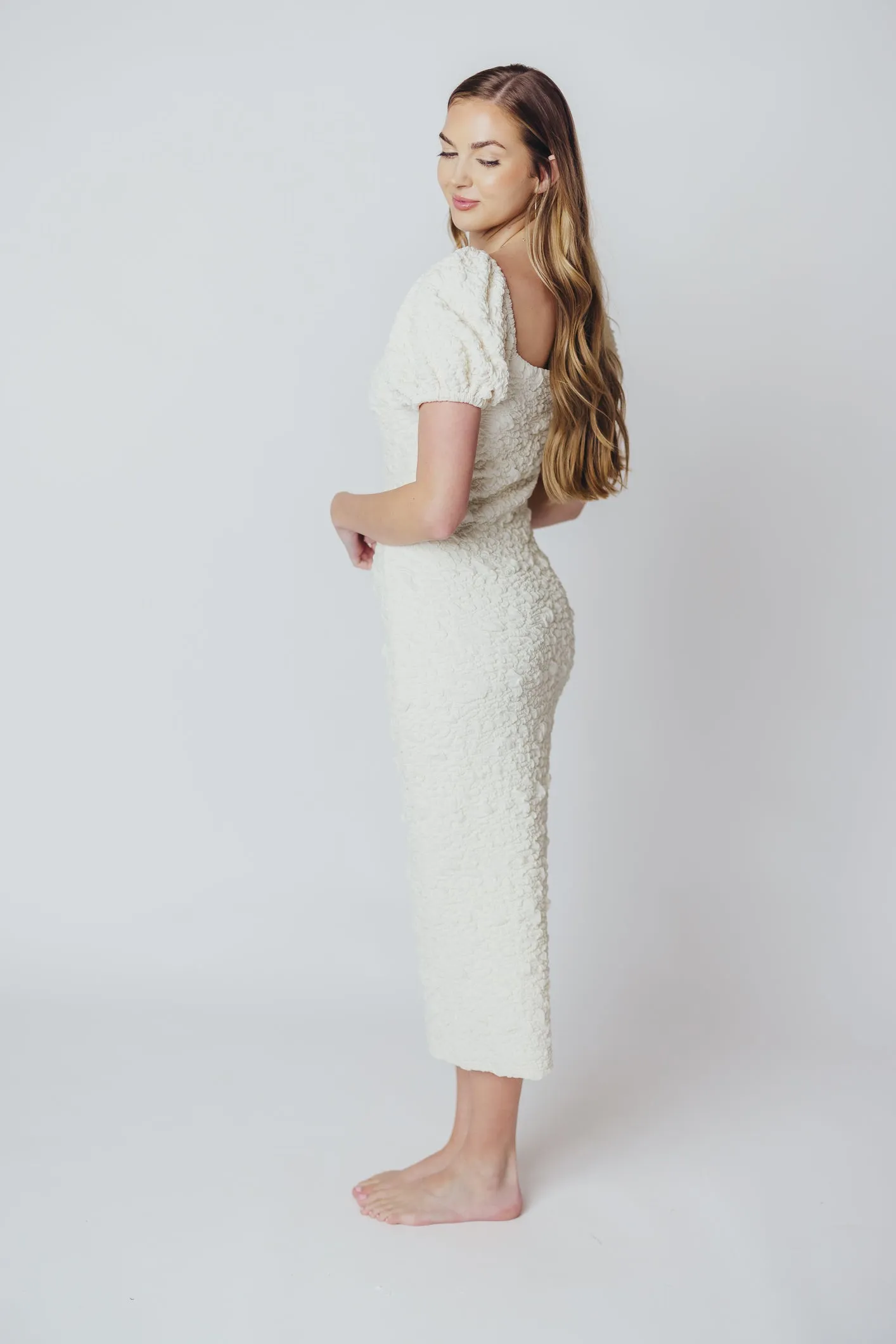 Blakeley Textured Midi Dress in Ivory - Bump Friendly & Inclusive Sizing (S-3XL)