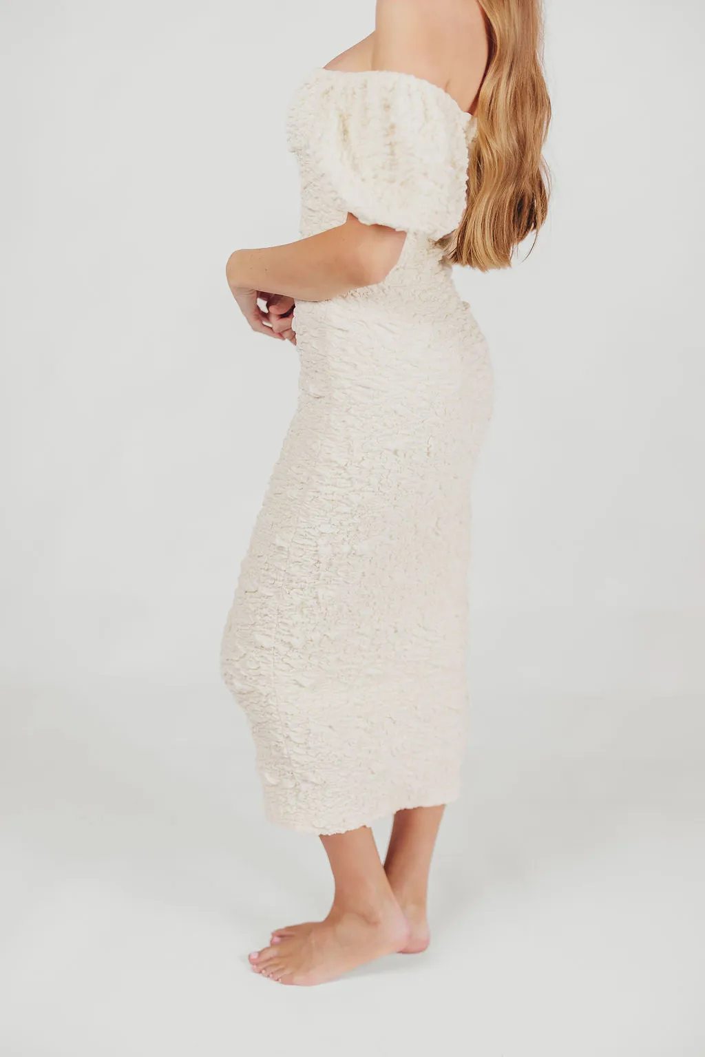 Blakeley Textured Midi Dress in Ivory - Bump Friendly & Inclusive Sizing (S-3XL)