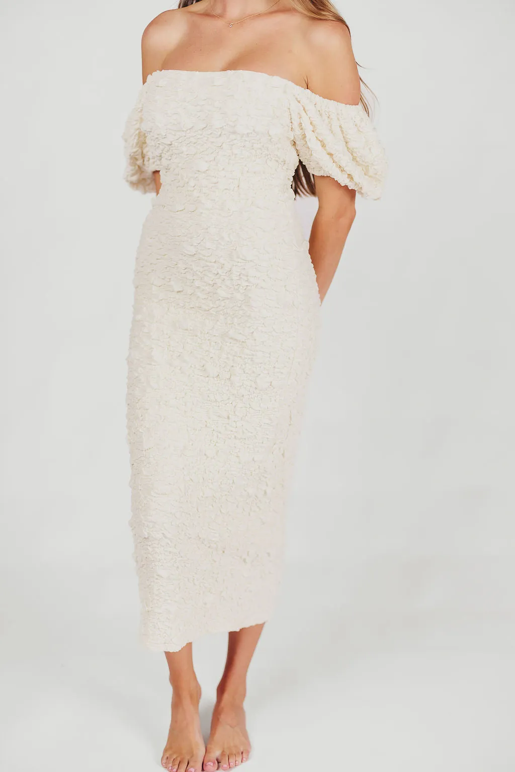 Blakeley Textured Midi Dress in Ivory - Bump Friendly & Inclusive Sizing (S-3XL)