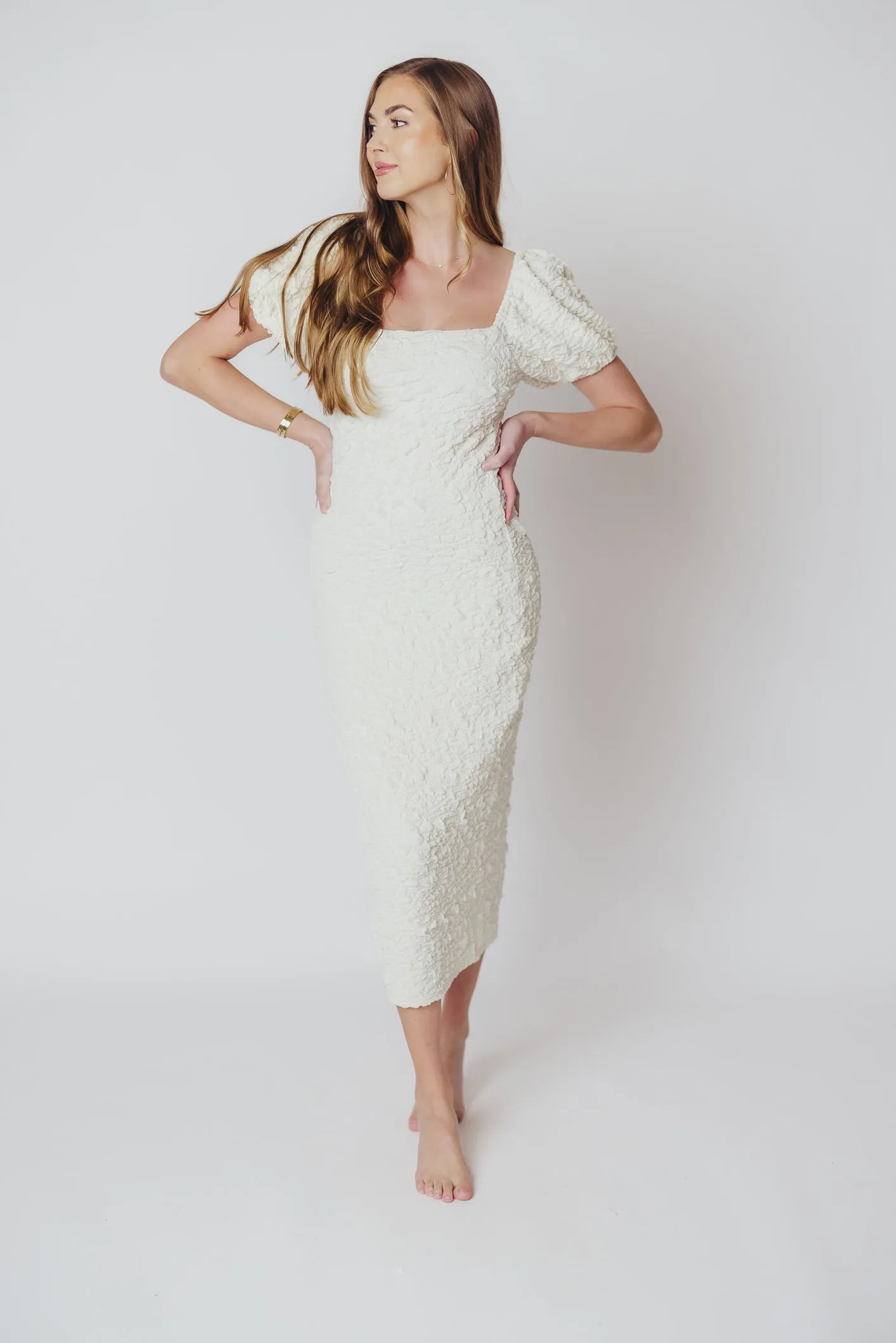 Blakeley Textured Midi Dress in Ivory - Bump Friendly & Inclusive Sizing (S-3XL)