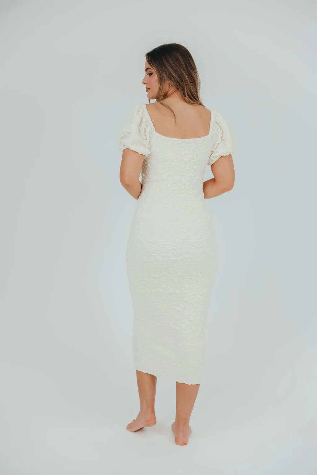 Blakeley Textured Midi Dress in Ivory - Bump Friendly & Inclusive Sizing (S-3XL)