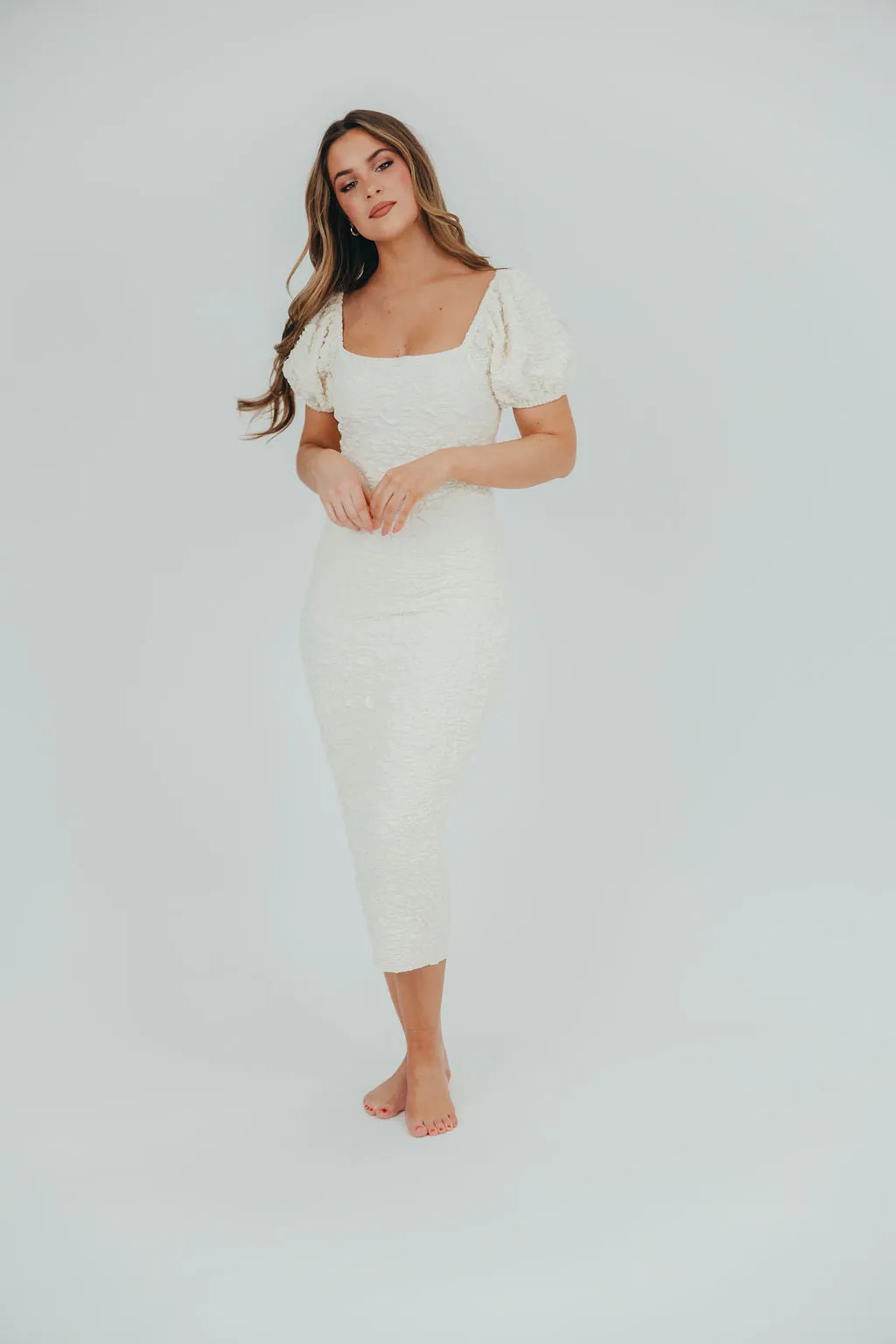 Blakeley Textured Midi Dress in Ivory - Bump Friendly & Inclusive Sizing (S-3XL)