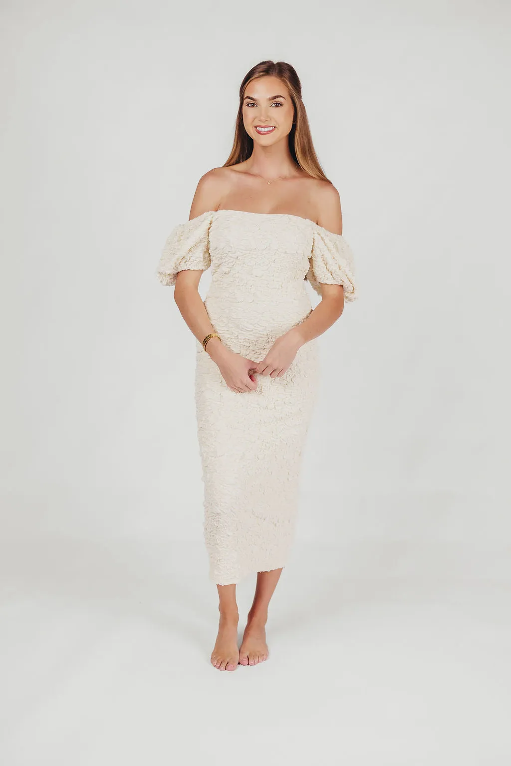 Blakeley Textured Midi Dress in Ivory - Bump Friendly & Inclusive Sizing (S-3XL)