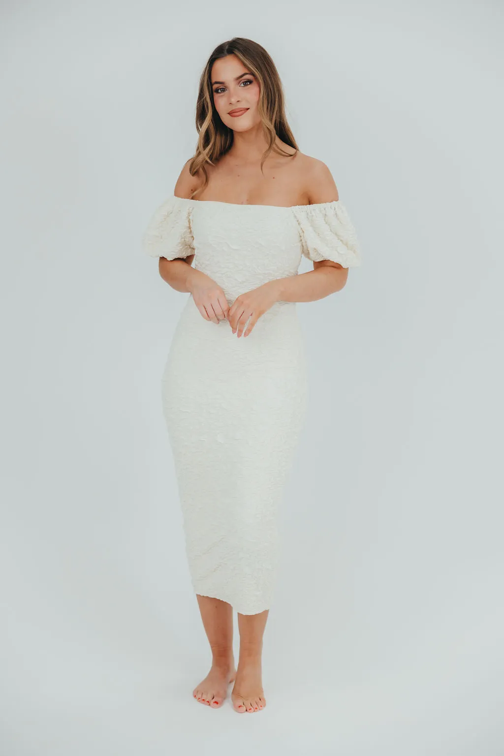 Blakeley Textured Midi Dress in Ivory - Bump Friendly & Inclusive Sizing (S-3XL)