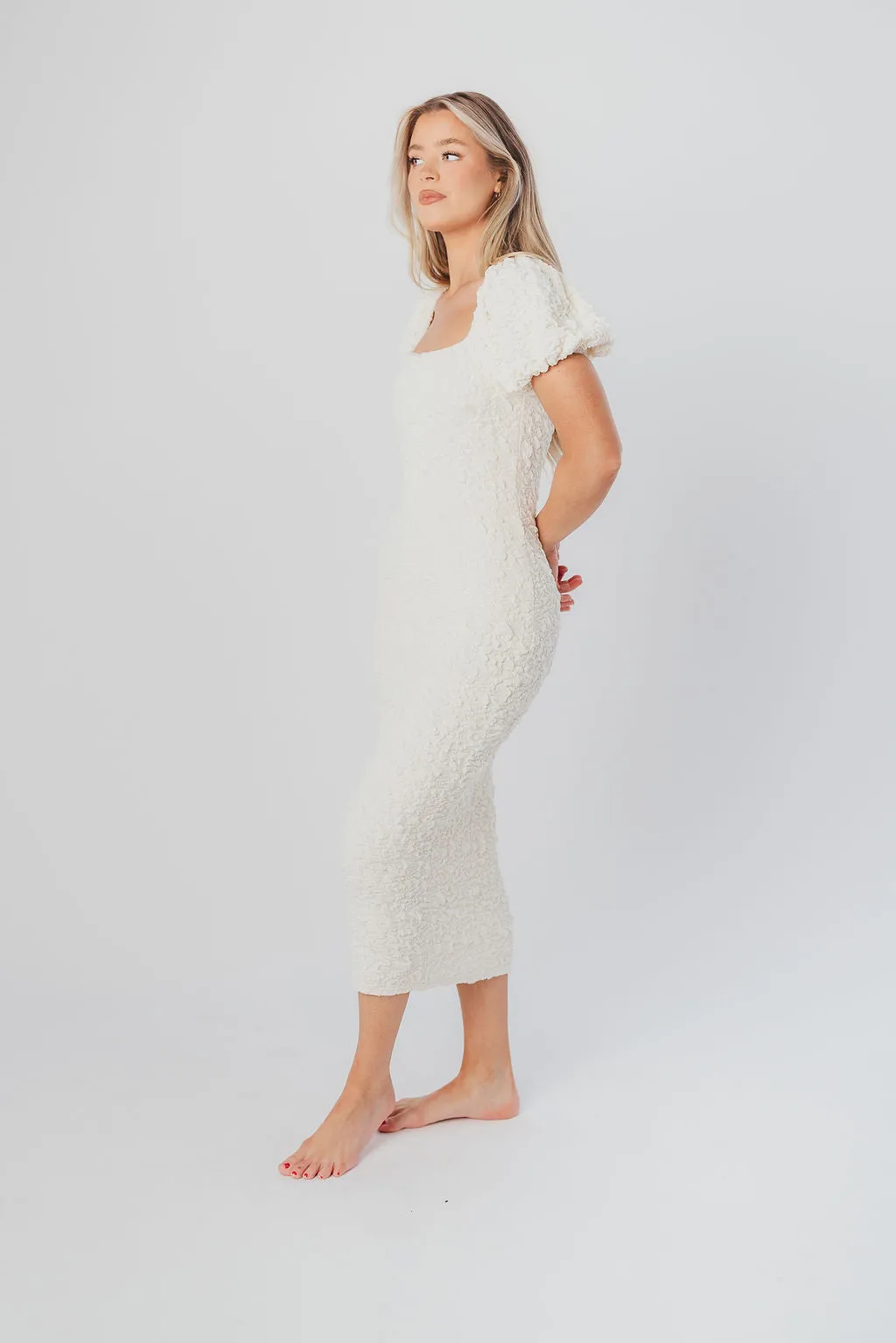 Blakeley Textured Midi Dress in Ivory - Bump Friendly & Inclusive Sizing (S-3XL)