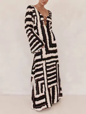 Bohemian Style Unique Printed Graceful V Tie Ring Maxi Dress