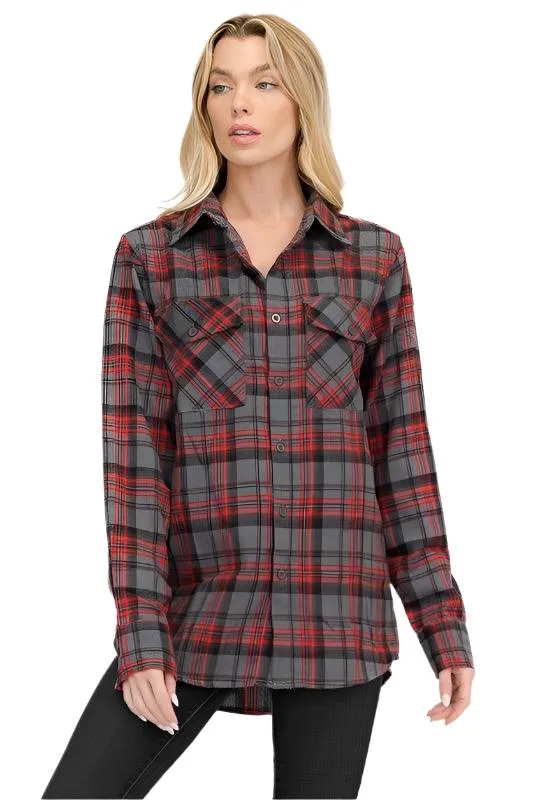 Boyfriend Fit Checker Plaid Flannel Shirts Long Sleeve