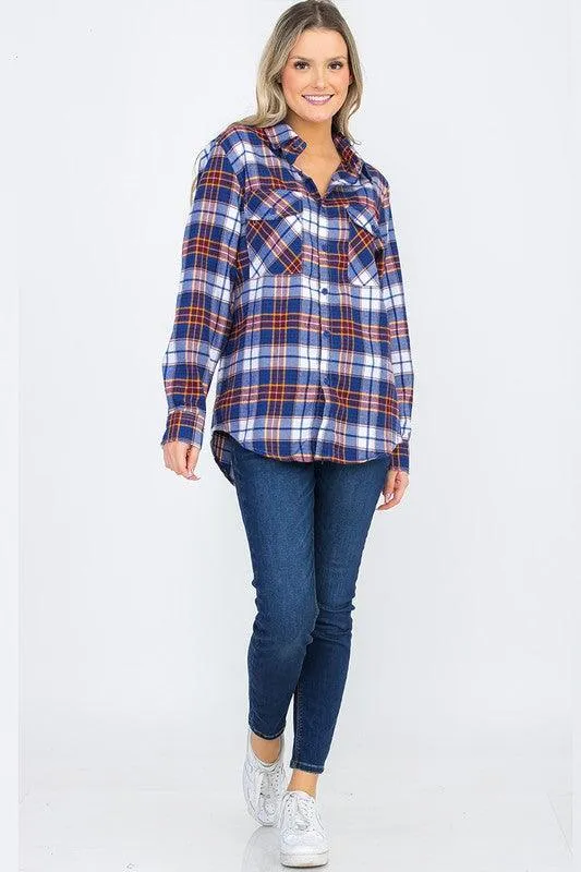 Boyfriend Fit Checker Plaid Flannel Shirts Long Sleeve