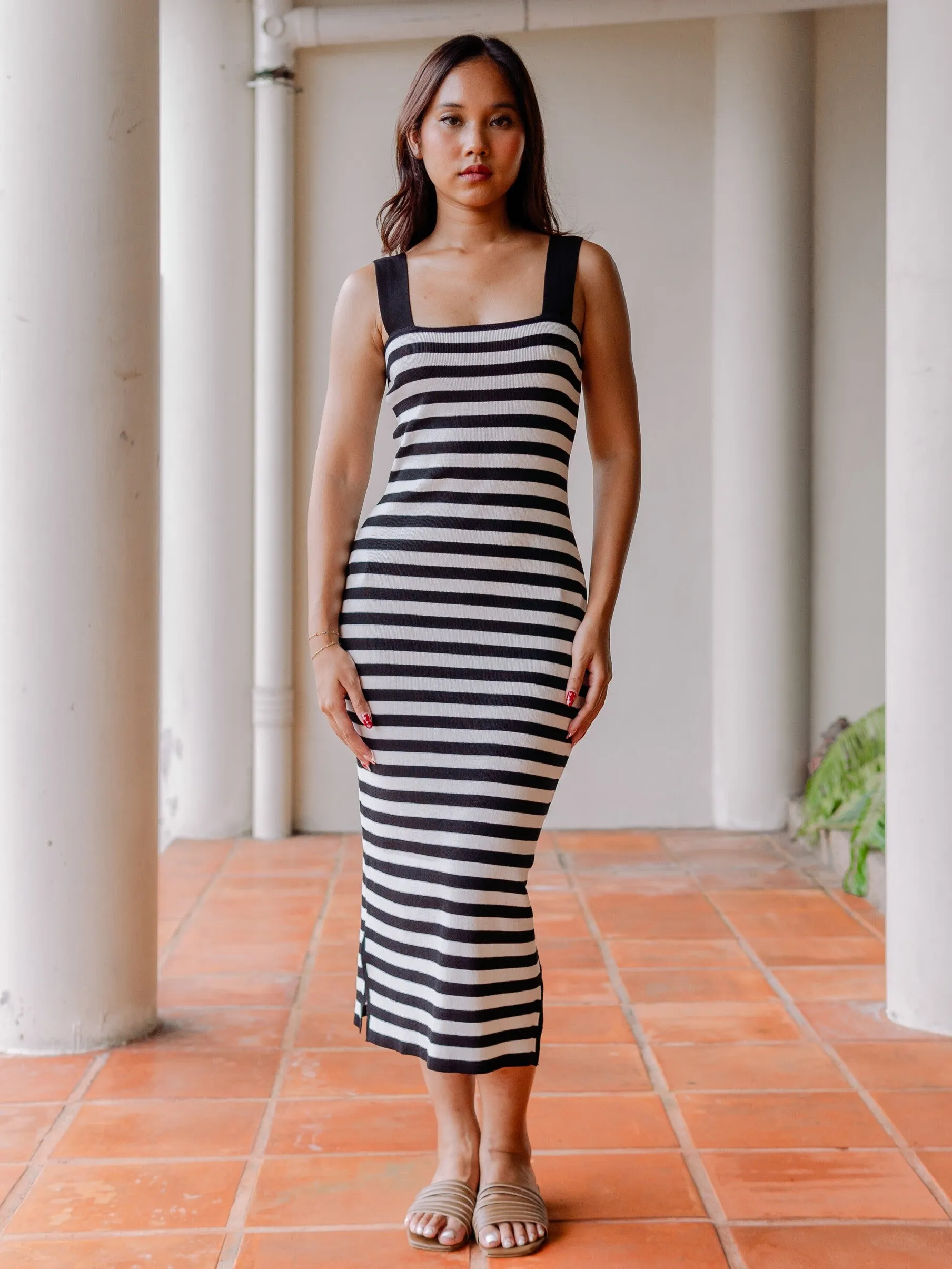 Brigitte Knitted Nautical Midi Dress in Black White