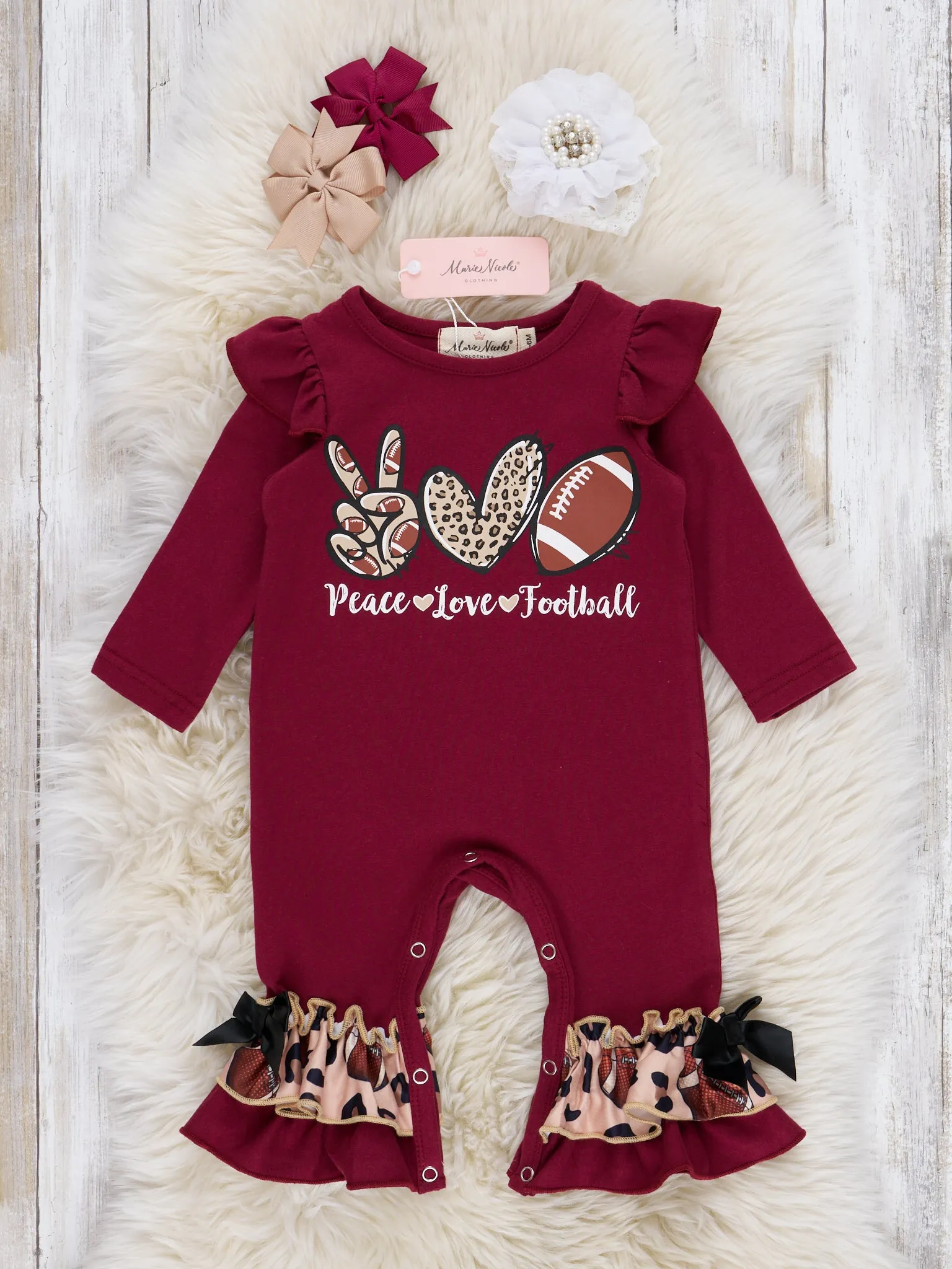 Burgundy Love, Peace & Football Ruffle Romper