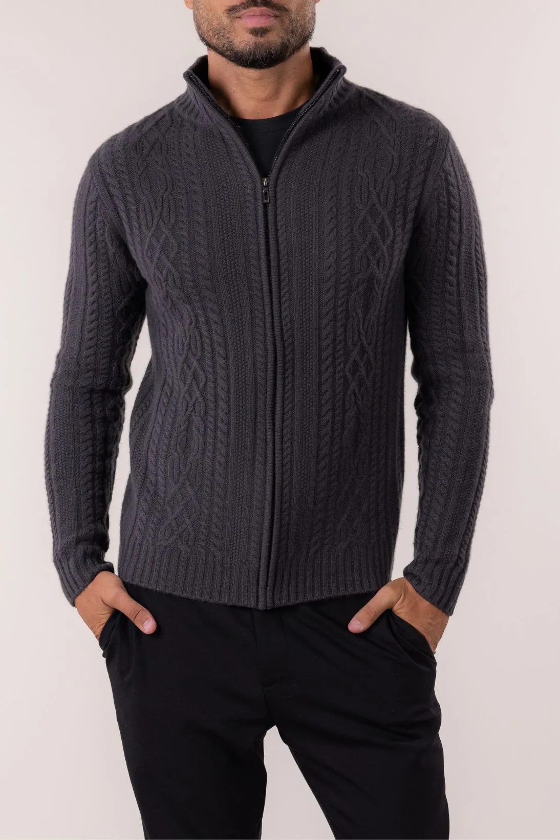 CABLE MOCK NECK ZIP CARDIGAN