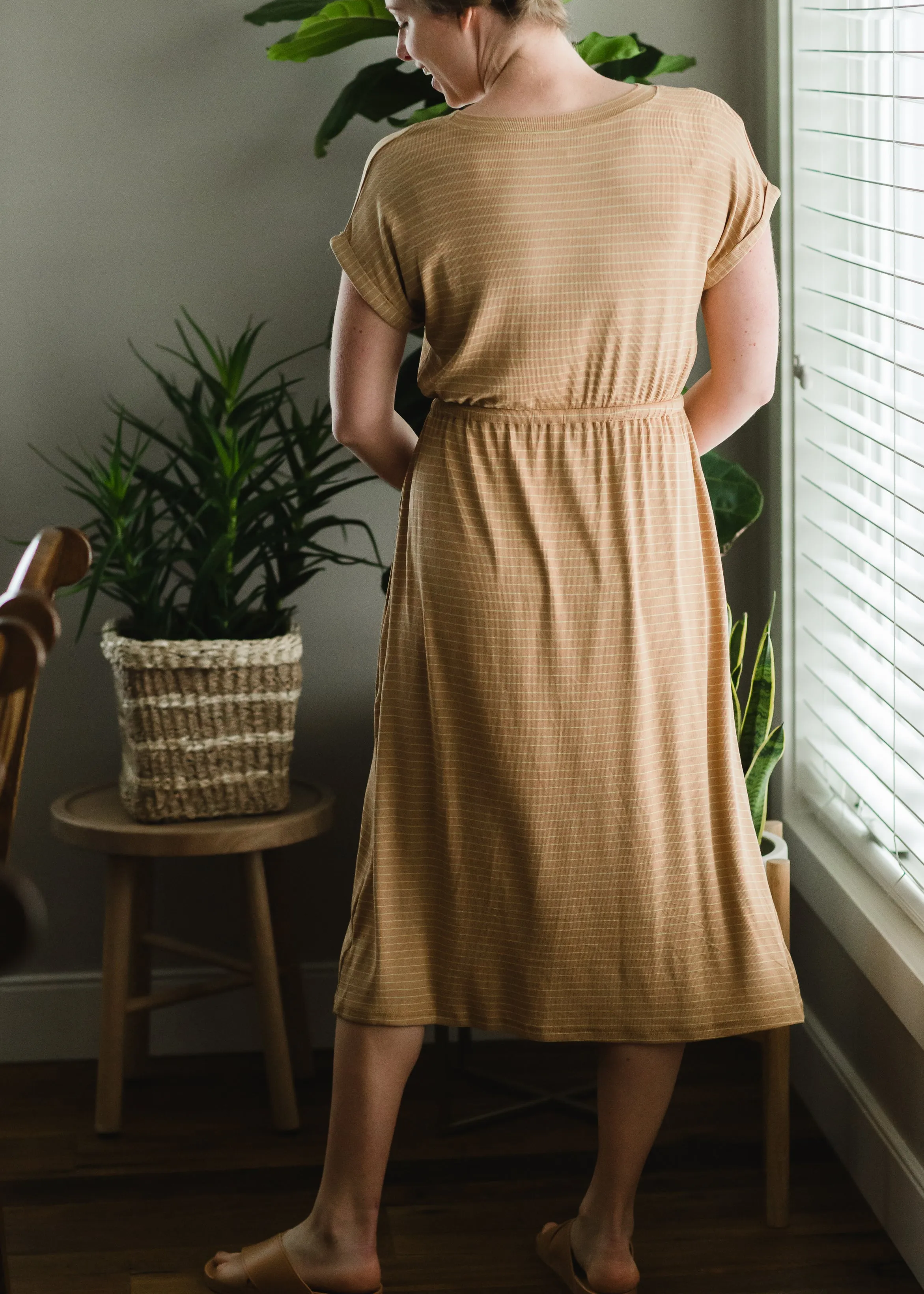 Camel Knit Striped Midi Dress