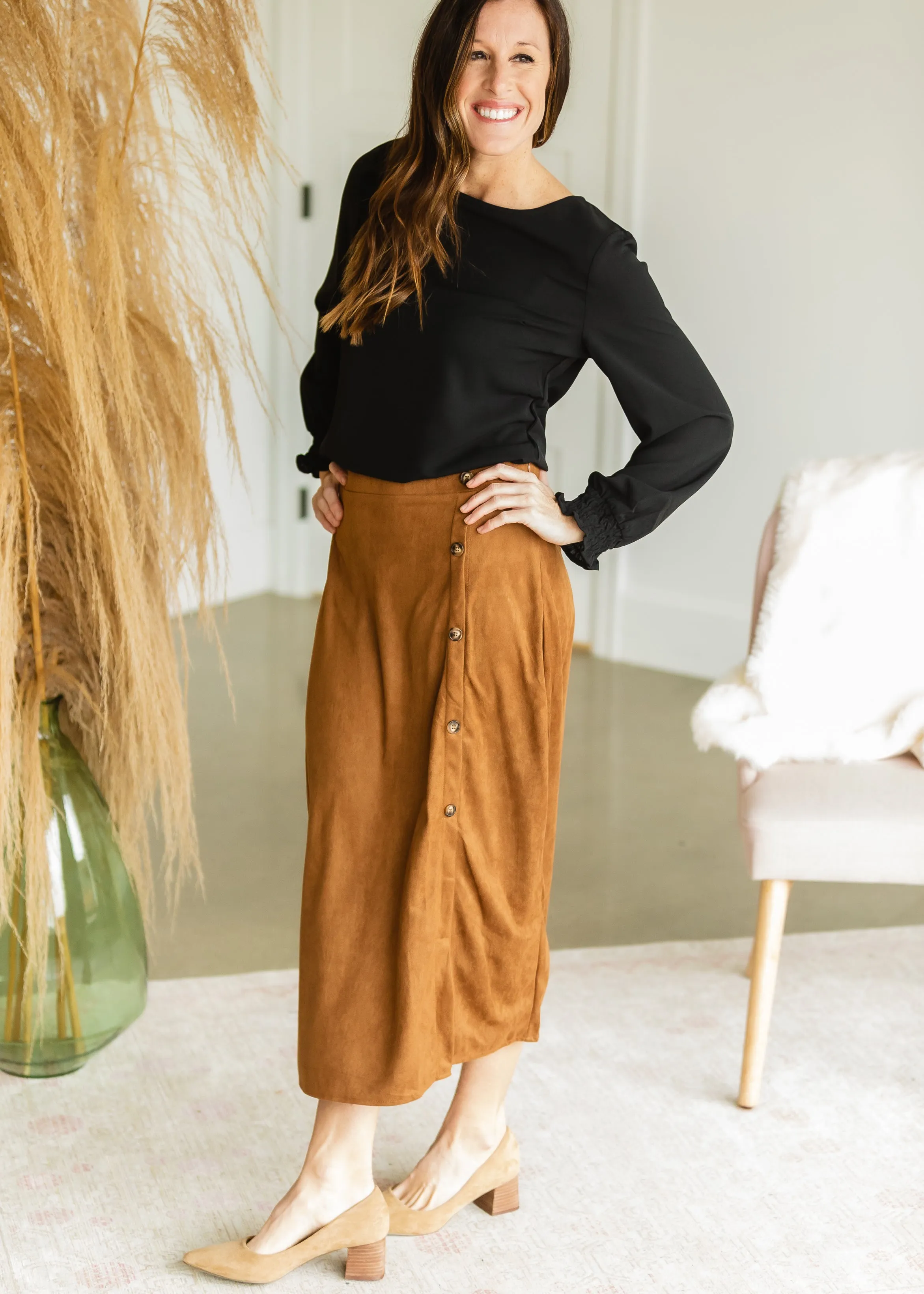 Camel Suede Button Up Midi Skirt - FINAL SALE