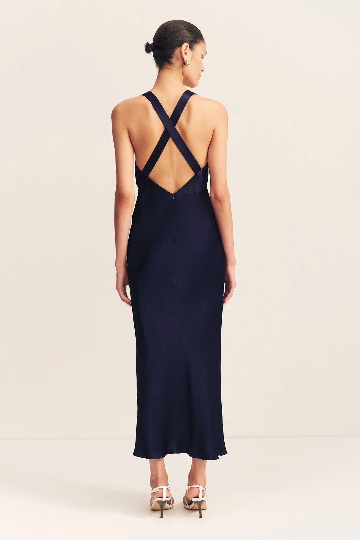 CAMILLE LACE CROSS BACK MIDI DRESS - DEEP MIDNIGHT/IVORY