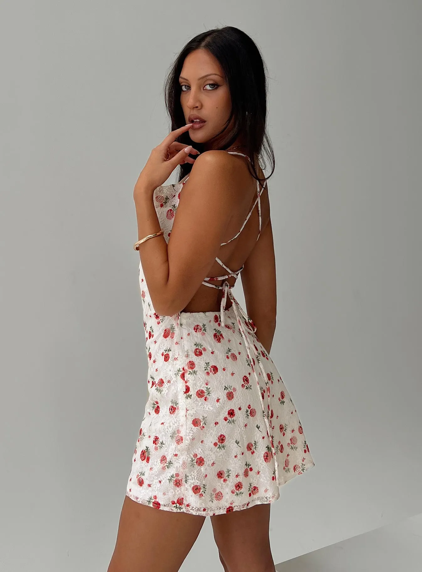 Celena Lace Mini Dress White / Red Floral