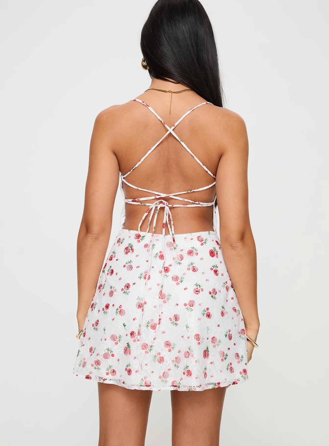 Celena Lace Mini Dress White / Red Floral