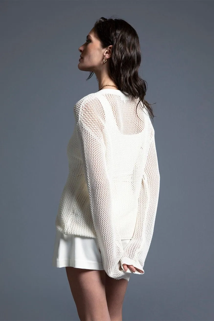 Coco Crochet Open Knit Long Sleeve Cardigan in Ivory