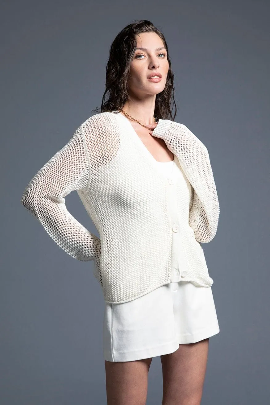 Coco Crochet Open Knit Long Sleeve Cardigan in Ivory