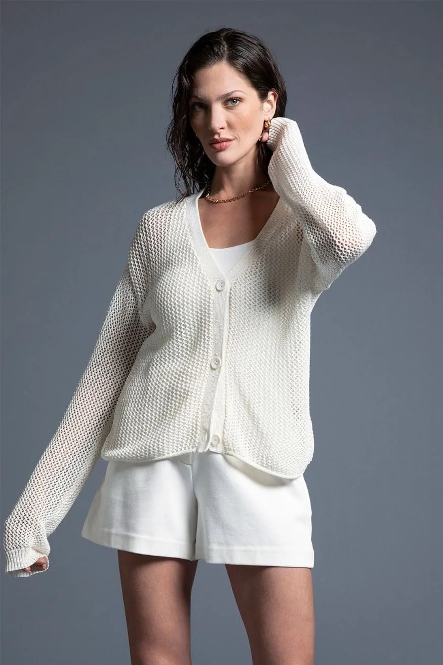 Coco Crochet Open Knit Long Sleeve Cardigan in Ivory